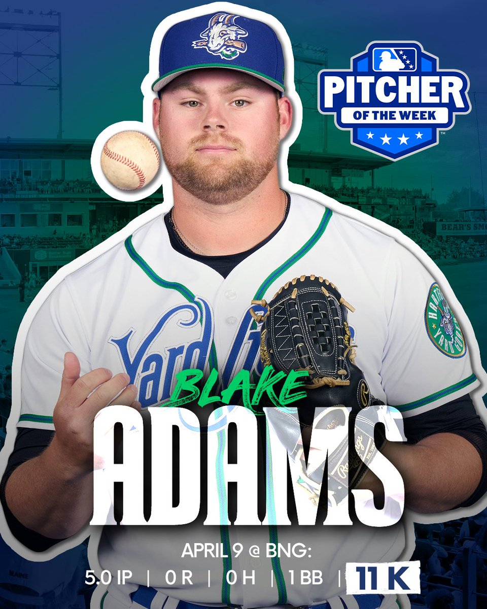 Hartford Yard Goats (@goyardgoats) on Twitter photo #BREAKING Yard Goats pitcher Blake Adams has been named Eastern League Pitcher of Week. Adams fired 5 no-hit innings on Wednesday at <a href="/RumblePoniesBB/">Binghamton Rumble Ponies</a>, with a career-high 11 strikeouts, earning the W. #BREAKING Yard Goats pitcher Blake Adams has been named Eastern League Pitcher of Week. Adams fired 5 no-hit innings on Wednesday at <a href="/RumblePoniesBB/">Binghamton Rumble Ponies</a>, with a career-high 11 strikeouts, earning the W.