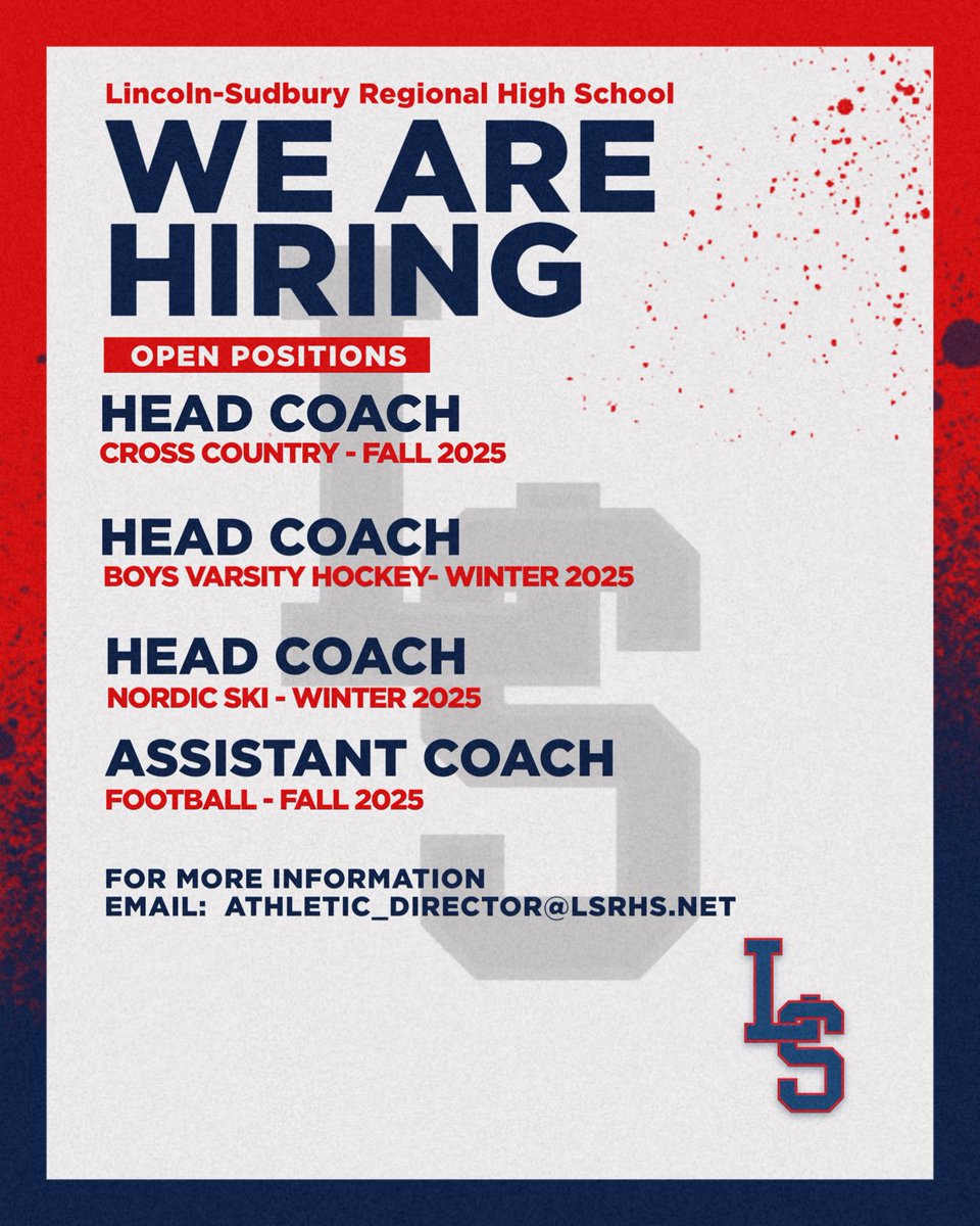 Warriors978's tweet photo. LS Athletics is currently accepting applications for:

Boys Varsity Hockey
Cross Country 
Assistant Football
Nordic Ski

Email athletic_director@lsrhs.net for more information https://t.co/Xgh8cViyao