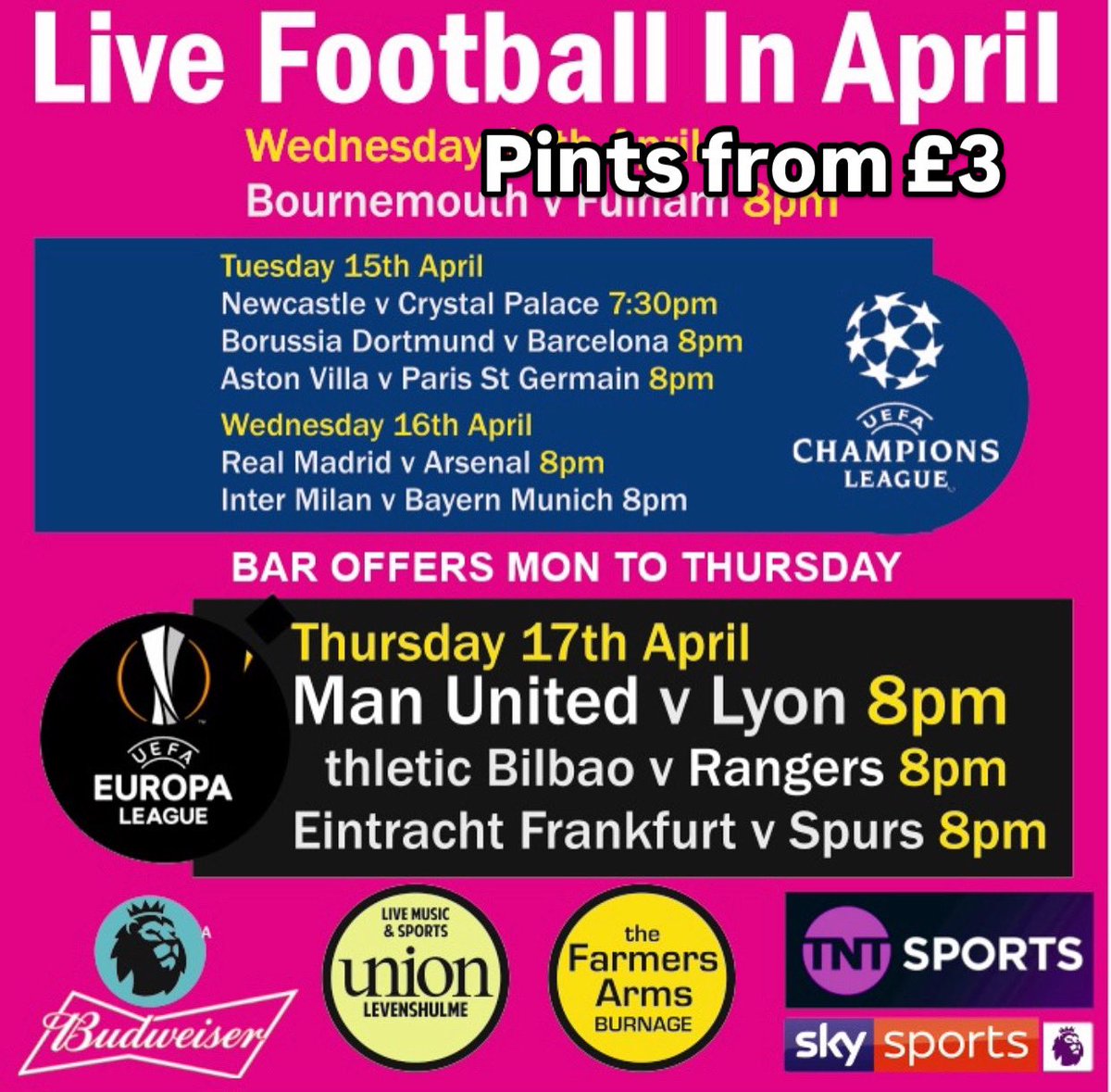 Tuesday Night is#championsleague night #pints from £3 in Union andFarmers Arms