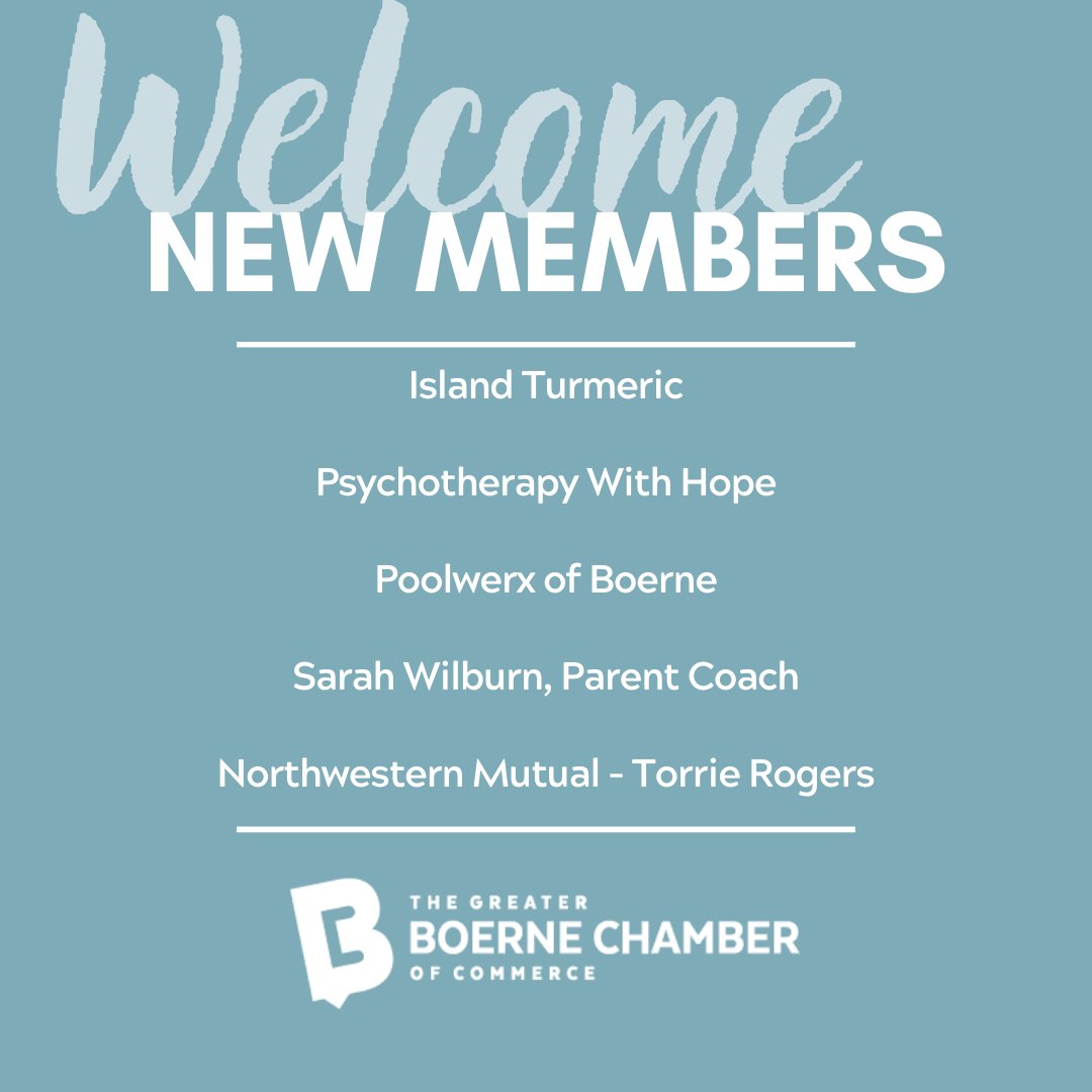We are so excited to introduce another group of new members today! 🥳

Welcome to the Chamber!
🌟- Island Turmeric 
🌟- Psychotherapy With Hope
🌟- Poolwerx of Boerne
🌟- Sarah Wilburn, Parent Coach
🌟- Northwestern Mutual - Torrie Rogers

We’re so glad you are all here!