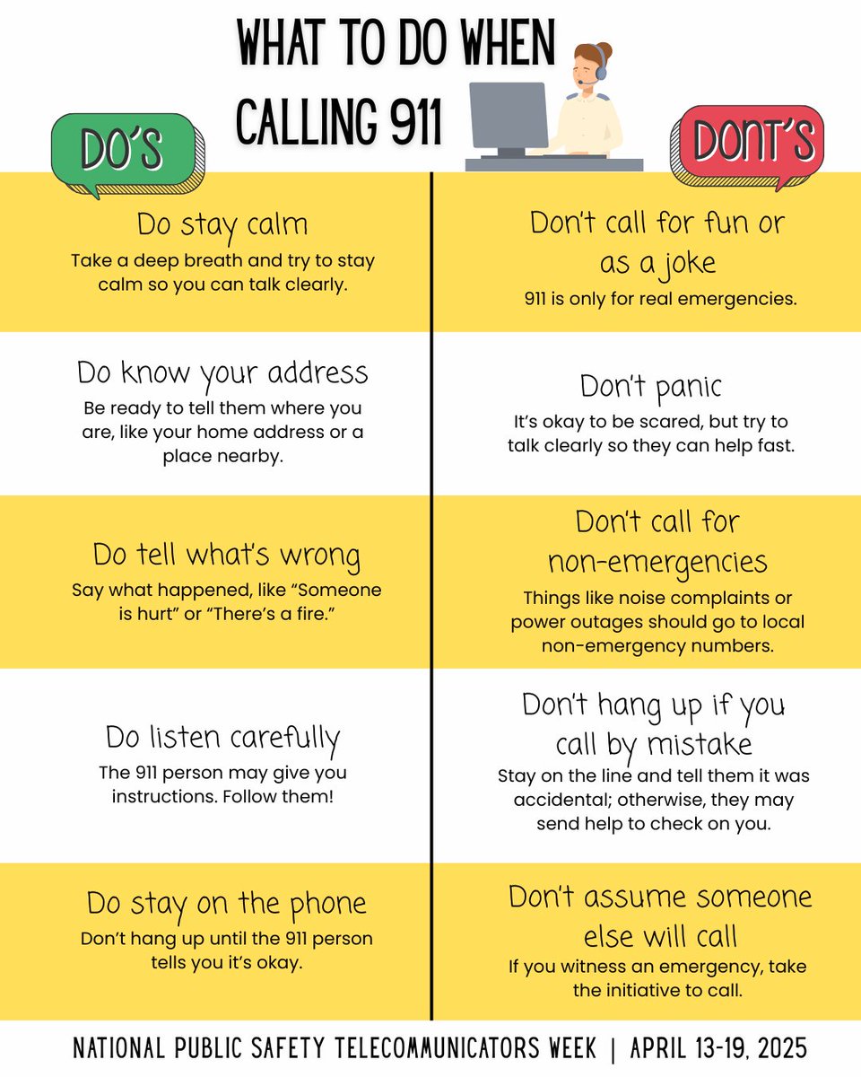 kentoncounty's tweet photo. This Telecommunicators Week make the jobs of our dispatchers just a bit easier by following these simple Do's and Don'ts of calling 911. https://t.co/hAXKiaS3iE