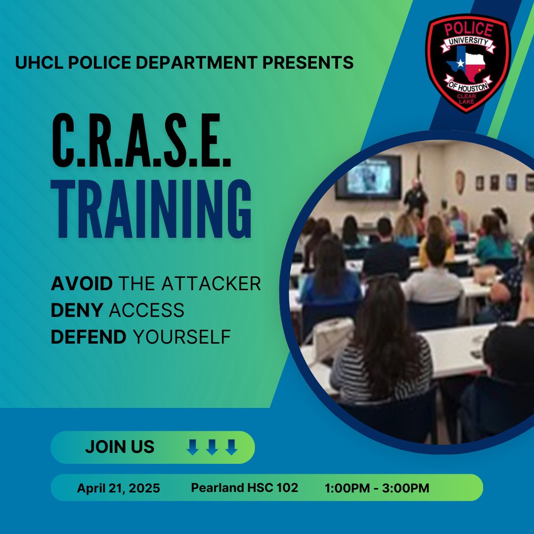 UHCL Police (@uhclpd) on Twitter photo Join us for a CRASE (Civilian Response to Active Shooter Event) course on Monday, April 21st at Pearland HSC from 1 p.m. to 3 p.m. This course is free to everyone. #staysafeUHCL Join us for a CRASE (Civilian Response to Active Shooter Event) course on Monday, April 21st at Pearland HSC from 1 p.m. to 3 p.m. This course is free to everyone. #staysafeUHCL