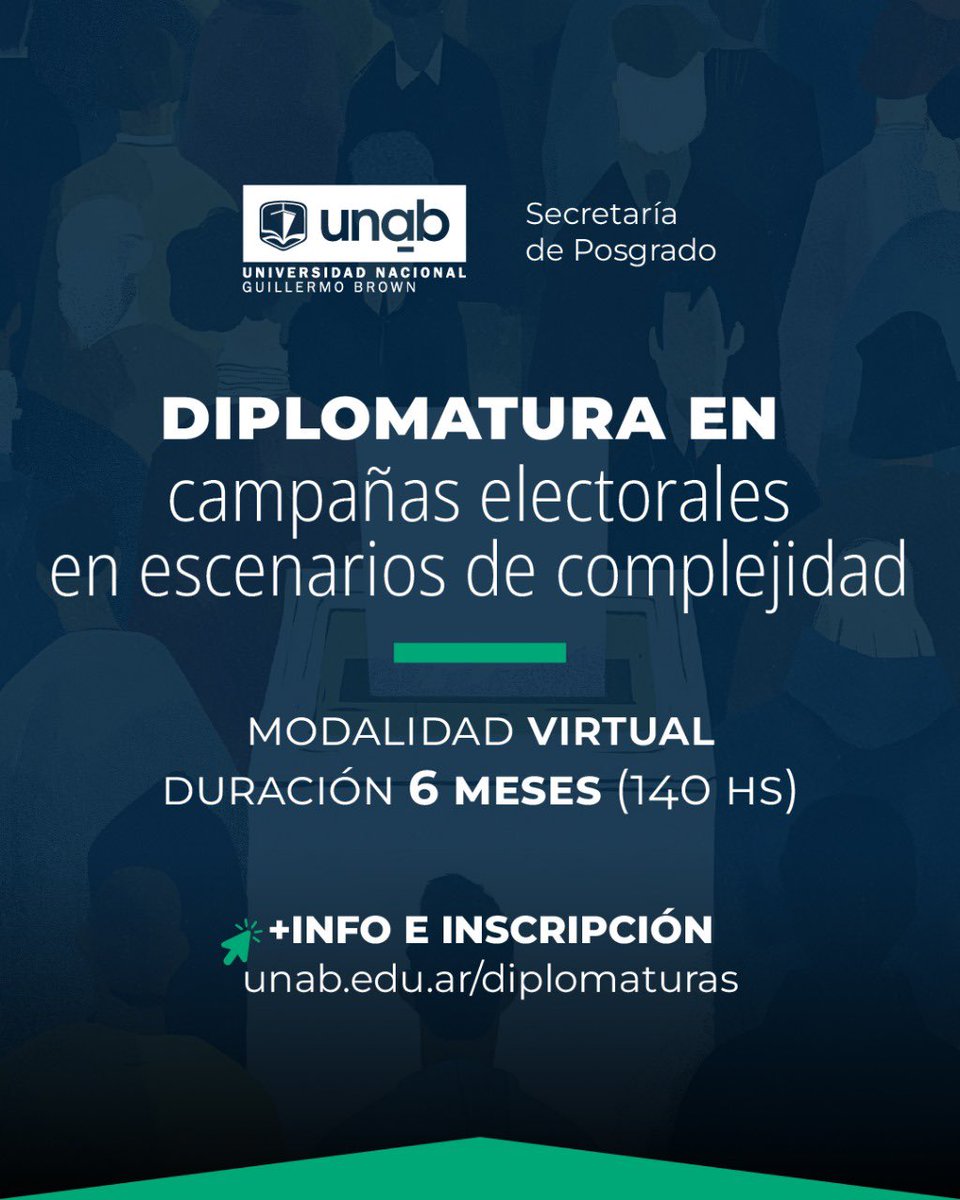 🎓Diplomatura en #CampañasElectorales en Escenarios de Complejidad
💡  En un contexto desafiante por la polarización, desinformación y cambios tecnológicos, formarte con herramientas sólidas es clave para diseñar campañas efectivas y ganadoras.
🔗  unab.edu.ar/diplomaturas
#UNaB
