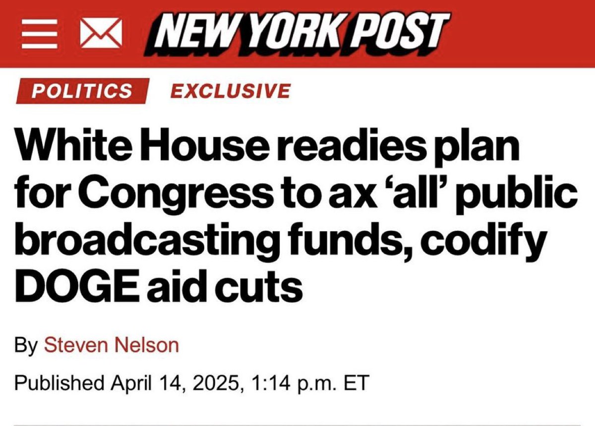 BREAKING: The Trump admin is planning to deliver on yet another campaign promise by asking Congress to cancel ALL public spending on PBS and NPR ($1.1 billion) and to codify foreign aid spending cuts identified by DOGE at USAID (another $8.3 billion).

The government isn’t