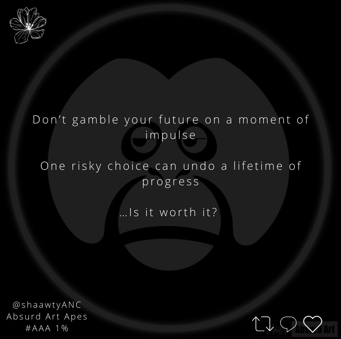 Hey 🫵🏽

Don’t gamble your future on a moment of impulse. 

One risky choice can undo years of progress. 

Protect your peace, your purpose &amp; your potential. 

Not every opportunity is worth the risk. 

What would you do? Would you risk it all? 👀

Comment below 👇🏽

#AAA 1%