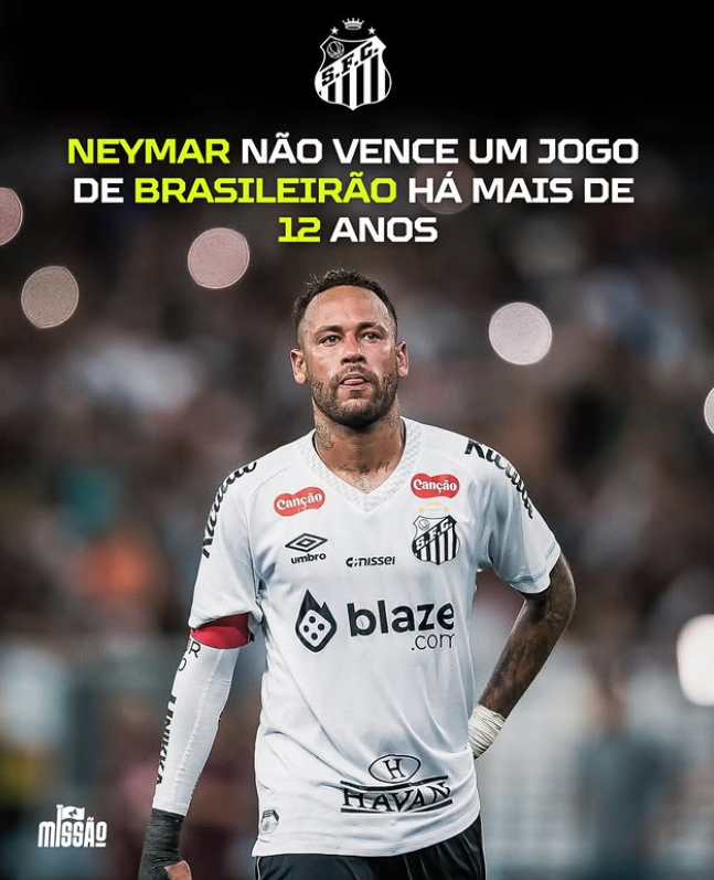 MissaoSports's tweet photo. 12 anos, 4 meses e 13 dias, esse é o tempo exato desde a última vitória de Neymar no Brasileirão contra o Palmeiras na 38ª rodada do Brasileirão de 2012 por 3 a 1.

O craque chegou a jogar o início de Campeonato Brasileiro pelo peixe em 2013, mas sem nenhum resultado positivo. https://t.co/cfFELJzFEj
