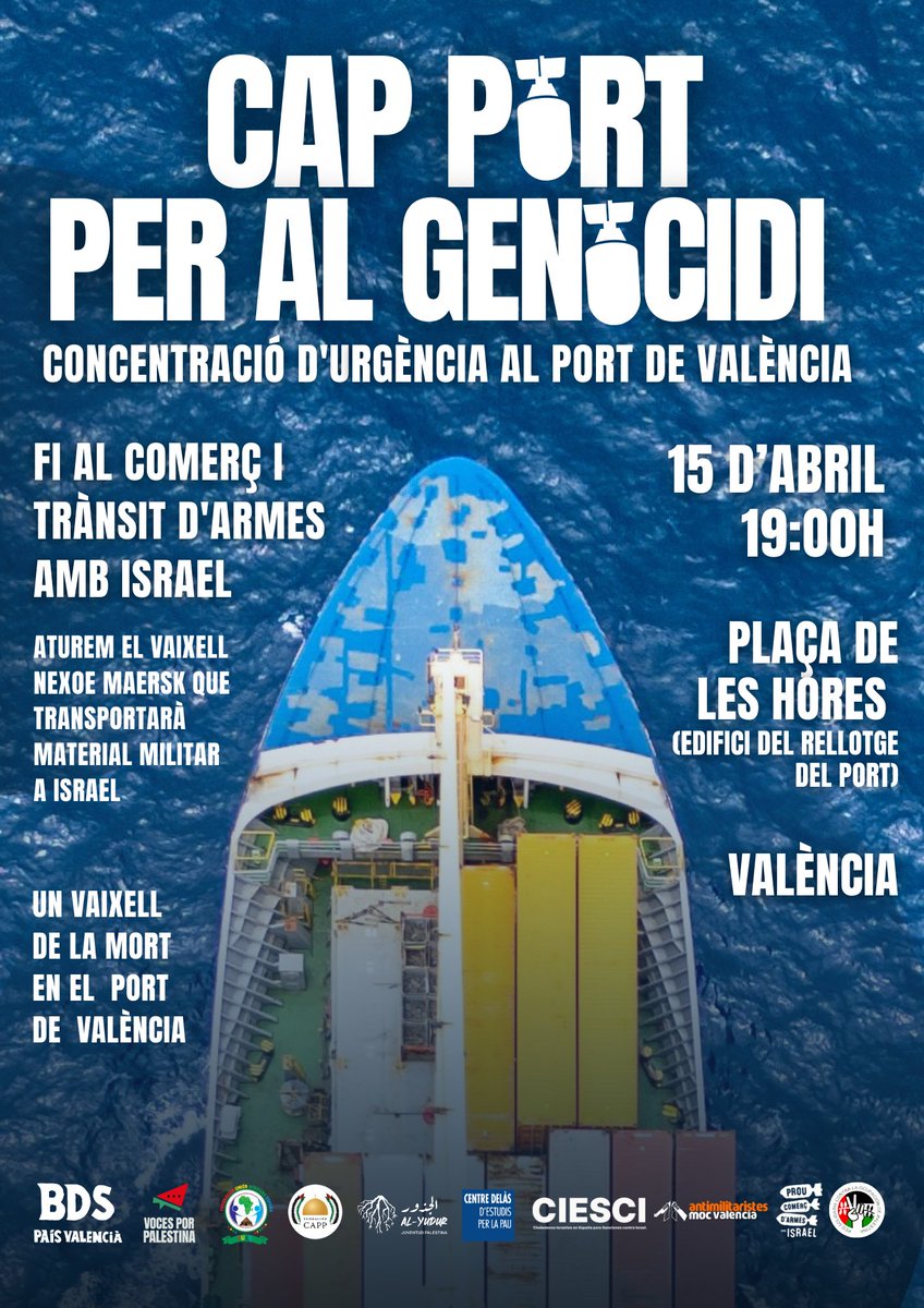 📣 Concentracions  dimarts 15 d’Abril a Vinaròs, Castelló, Port de Sagunt i Valëncia ✊🏽

Aturem el Nexoe MAERSK que va a alimentar el genocidi a Palestina ‼️

<a href="/desdelamoncloa/">La Moncloa</a> embargament d’armes a Israel ja ‼️

#StopVaixellsDeLaMort
#CapPortPerAlGenocidi
#StopArmesAmbIsrael