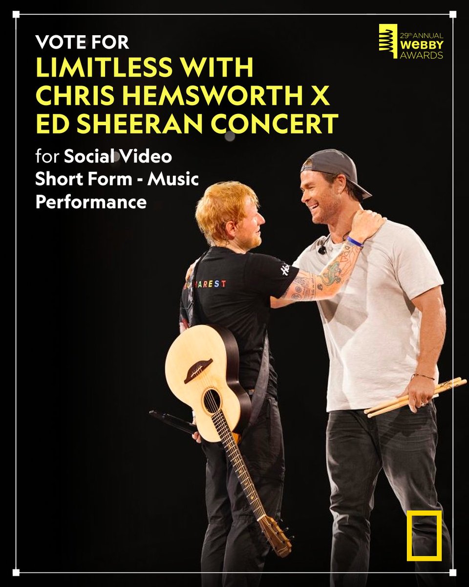 National Geographic TV (@natgeotv) on Twitter photo We're honored to announce that #LimitlessWithChrisHemsworth has been nominated for Social Video Short Form in the Music & Performance category at <a href="/TheWebbyAwards/">The Webby Awards</a>! 🌟
To cast your vote, head to: on.natgeo.com/3XYBu6q We're honored to announce that #LimitlessWithChrisHemsworth has been nominated for Social Video Short Form in the Music & Performance category at <a href="/TheWebbyAwards/">The Webby Awards</a>! 🌟
To cast your vote, head to: on.natgeo.com/3XYBu6q