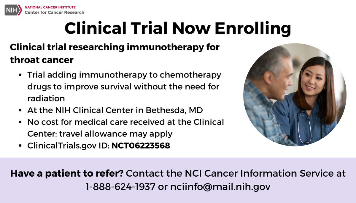 National Cancer Institute (@thenci) on Twitter photo SEEKING PARTICIPANTS: An NCI #ClinicalTrial is researching immunotherapy for people with #ThroatCancer. The trial will take place at the <a href="/NIHClinicalCntr/">NIH Clinical Center</a> in Maryland, and there is no cost for medical care or participation. go.nih.gov/CZrIi5z #HeadAndNeckCancer SEEKING PARTICIPANTS: An NCI #ClinicalTrial is researching immunotherapy for people with #ThroatCancer. The trial will take place at the <a href="/NIHClinicalCntr/">NIH Clinical Center</a> in Maryland, and there is no cost for medical care or participation. go.nih.gov/CZrIi5z #HeadAndNeckCancer