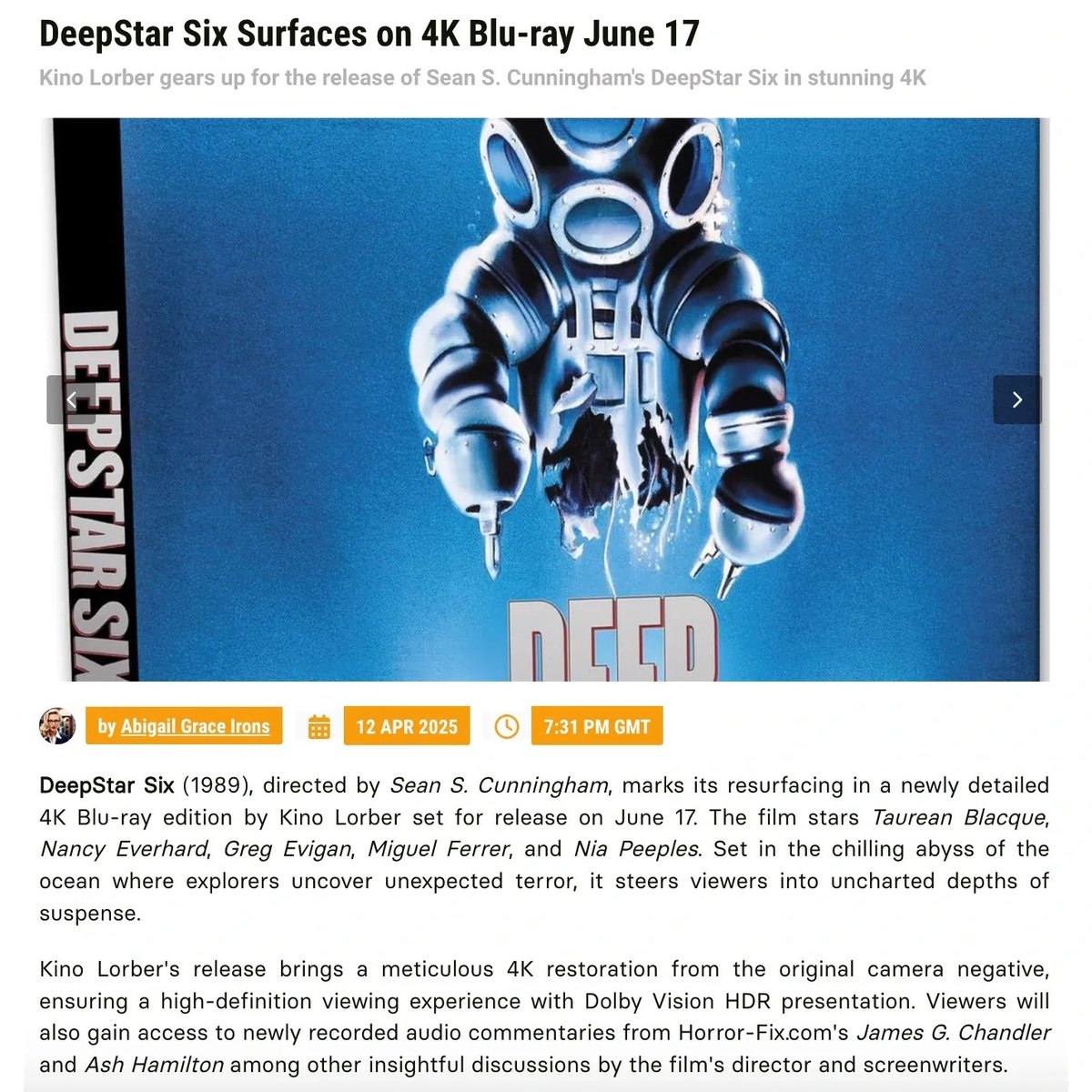 mightychroma's tweet photo. 🎬 DeepStar Six resurfaces on 4K Blu-ray June 17! 🌊
@KinoLorber brings Dolby Vision HDR, plus new commentaries & extras!
Stars Taurean Blacque & Nancy Everhard take you to the ocean's abyss. 🤿🩸
#PhysicalMedia #DeepStarSix
https://t.co/w9mm92PH8U https://t.co/uA3spxyz6w