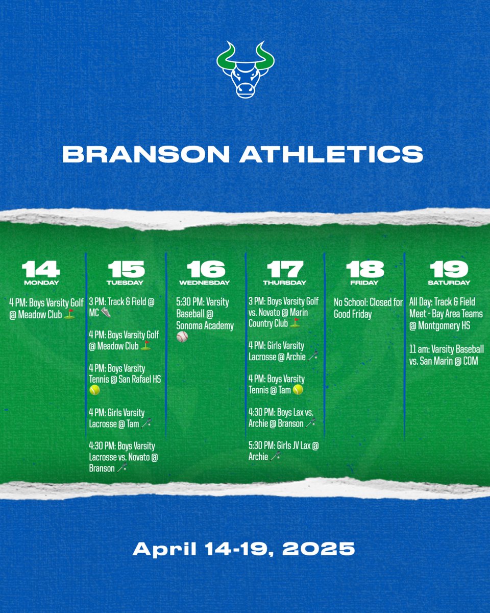 Bulls are back from spring break! Check out the weekly schedule and come out and support our teams ⚾🥍⛳
👟🌊🎾
