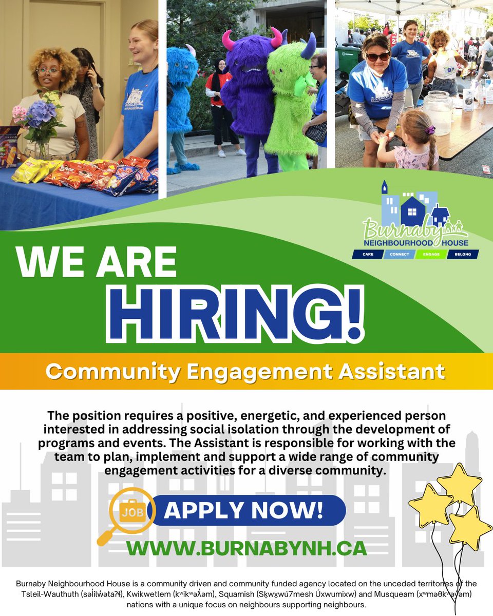 🌟 Join Our Team! 🌟

You’ll help plan and promote weekly activities, support amazing volunteers, and create a warm, welcoming space for community members to connect and thrive.

Join us and be part of something special this summer!

💚To apply, visit 🔗burnabynh.ca💙