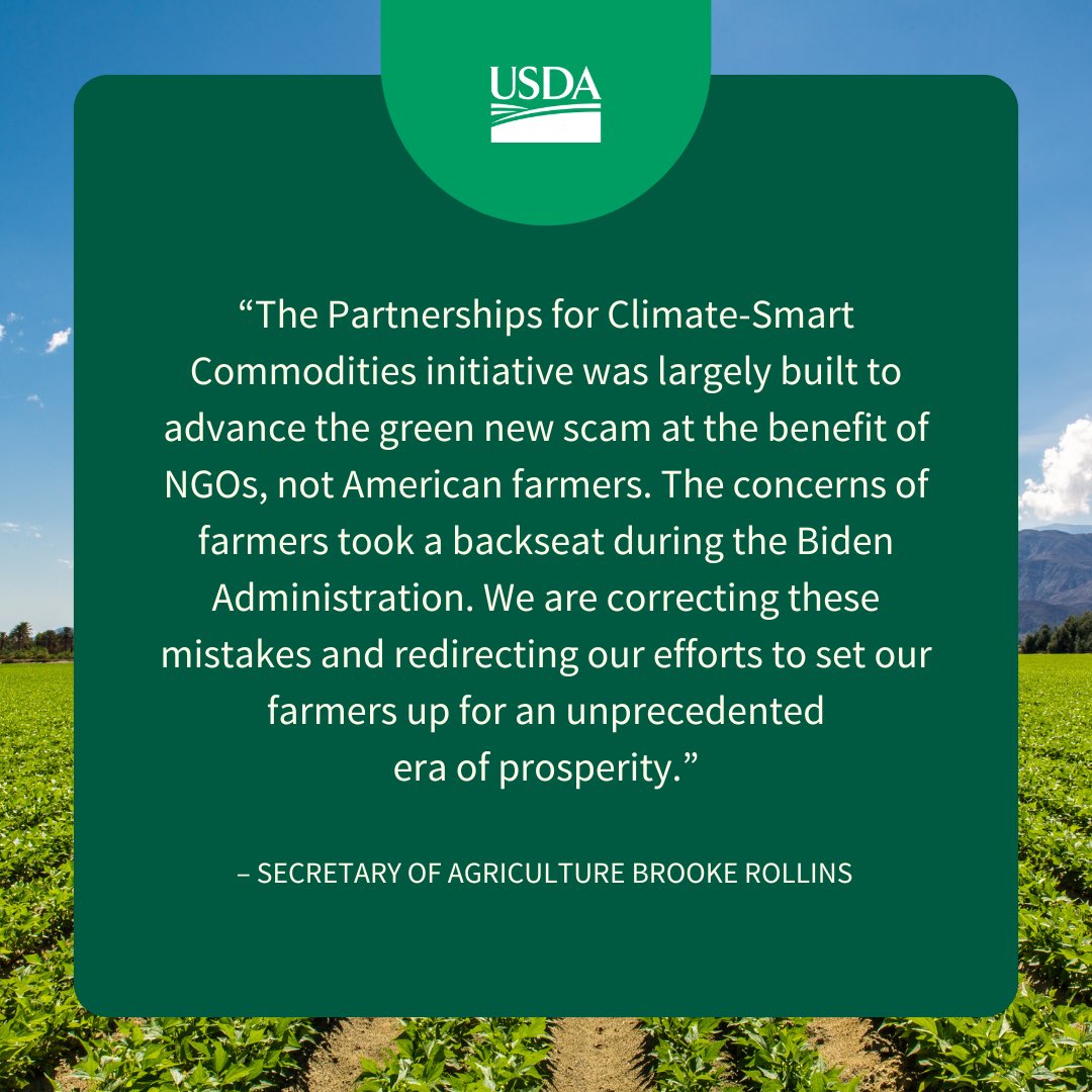 Dept. of Agriculture (@usda) on Twitter photo 📢 <a href="/SecRollins/">Secretary Brooke Rollins</a> cancels Biden-era climate slush fund and reprioritizes existing funding to farmers. usda.gov/about-usda/new… 📢 <a href="/SecRollins/">Secretary Brooke Rollins</a> cancels Biden-era climate slush fund and reprioritizes existing funding to farmers. usda.gov/about-usda/new…