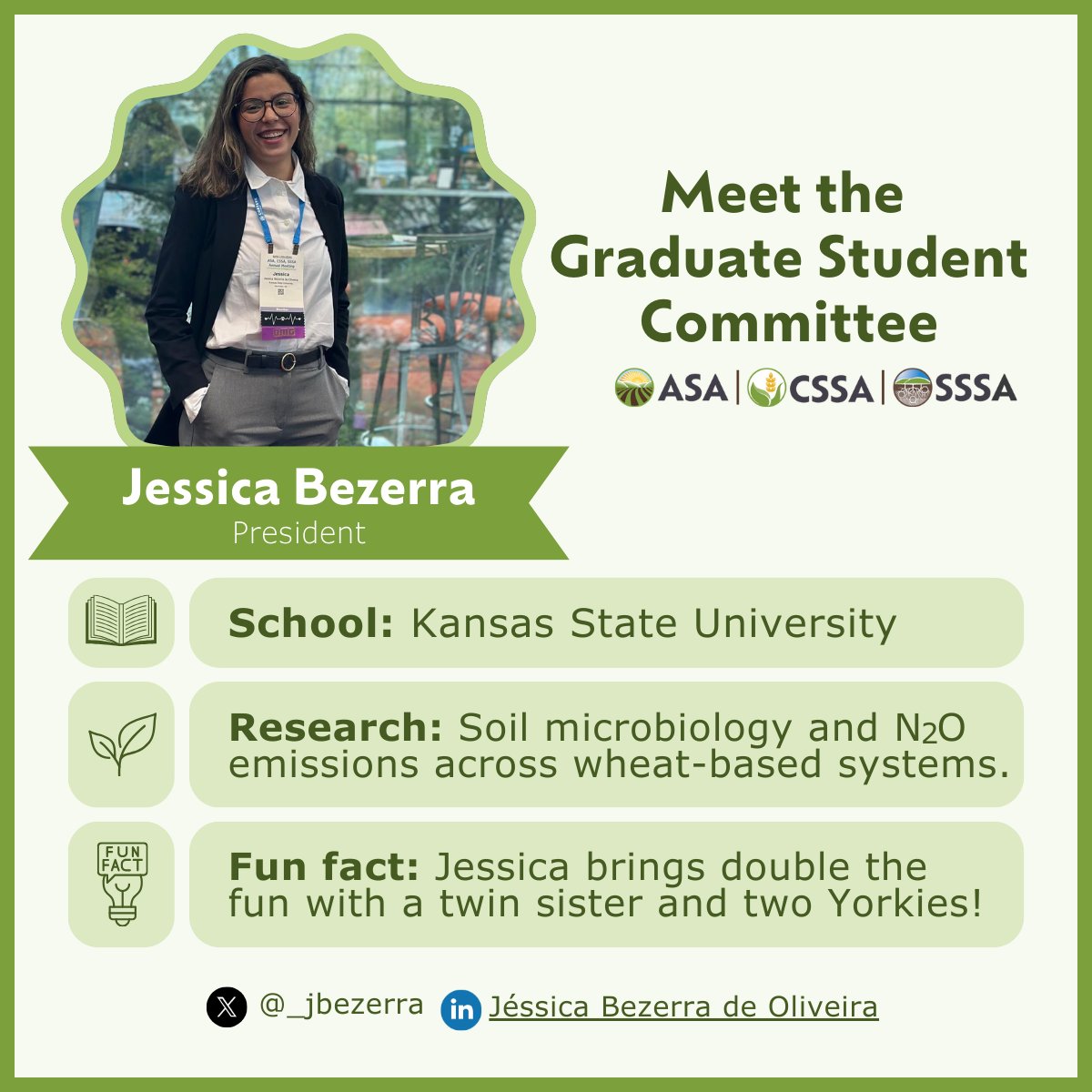 ACSGradStudents's tweet image. Meet @_jbezerra, our ACS Committee President! She’s a PhD student at K-State studying soil microbiology + N₂O emissions in wheat systems 🌾She also rocks roles on multiple subcommittees AND is a proud Yorkie mom! Questions? Connect with us!
#SoilScience #GradLife #Agriculture