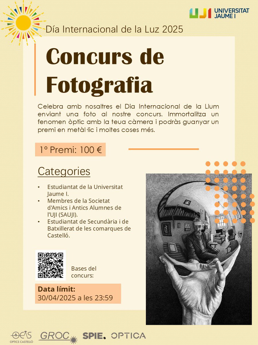 El proximo 16 de mayo es el ☀️ *Día Internacional de la Luz* ☀️
Para celebrarlo, desde OCAS 🪿, junto con el GROC💡de la universitat Jaume I, hemos organizado un *concurso de fotografía* 📸 donde puedes ganar hasta *100€* 🤑
Solo tienes que enviarnos una foto de un ✨ *fenómeno-