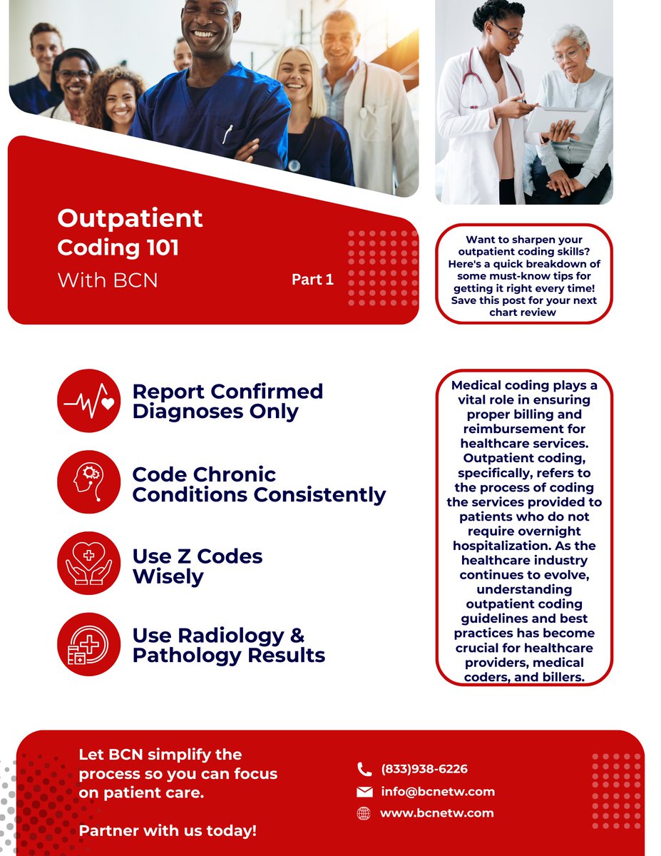 bcnnetwork21's tweet image. Outpatient Coding 101 – Part 1 📋
Keep your charts clean & compliant with these quick tips:
✅ Confirmed Diagnoses Only
✅ Code Chronic Conditions
✅ Use Z Codes Wisely
✅ Check Radiology & Pathology
📌 Save this for chart reviews. Part 2 coming soon!
#OutpatientCoding