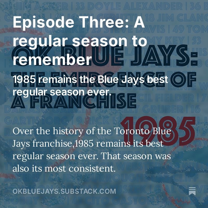 In 1985, the Jays finished the reg. season with their best record ever 99-62. After 16 games, their record was 9-7. This year's Jays after 16 games also 9-7.
Learn more about the '85 season in "OK Blue Jays: the emergence of a franchise" available wherever you get your podcasts.