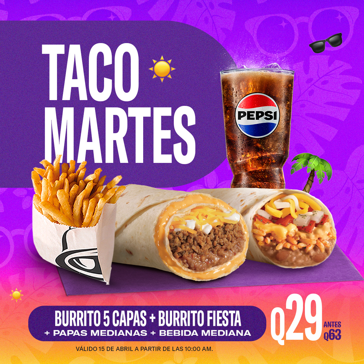 Los martes son una segunda oportunidad de iniciar la semana. 😝

Así que inicia tu semana con un Burrito 5 Capas + Crush Burrito + Papas Medianas + Bebida Mediana por Q29

Pídelo a domicilio al 2202-0111.

📲Ordena aquí: lili.ly/df4102bf