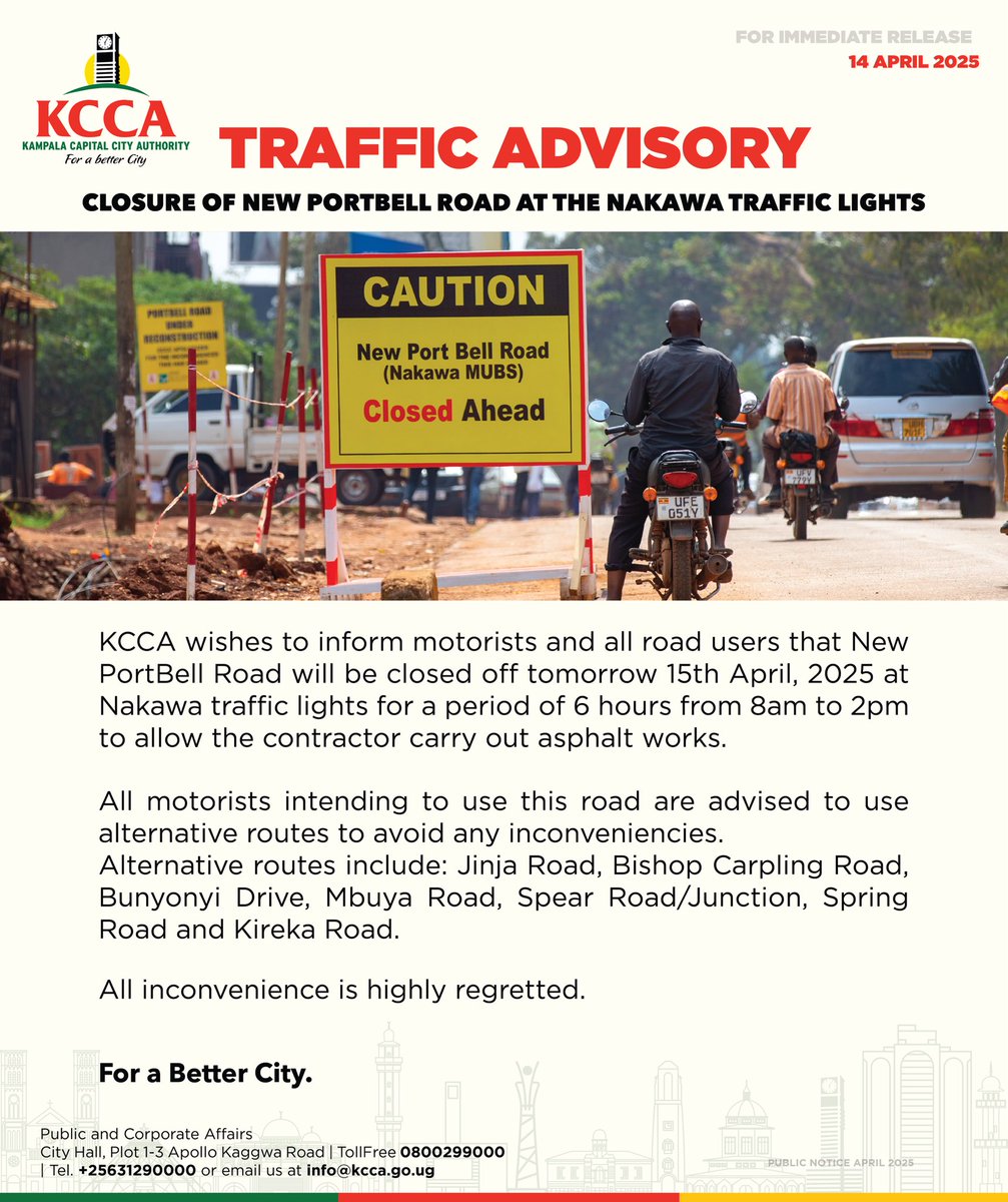 TRAFFIC ADVISORY: Please take note of this temporary road closure at the Nakawa traffic lights🚦 happening tomorrow morning 8am - 2pm and plan your journey accordingly. 

Any inconvenience this may cause is regretted.
#ForABetterCity