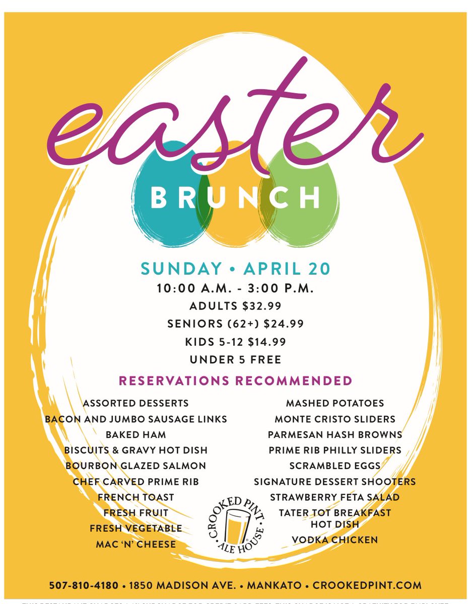 🐣🥞 Hop into Crooked Pint this Easter Sunday for a delicious Easter Brunch Buffet! Bring the whole family and enjoy your brunch favorites! — Kids under 5 eat FREE! 🎉

📍 Crooked Pint Ale House, Mankato MN
🗓️ Easter Sunday
🍽️ Buffet-style brunch, 10am-3pm
 #EasterBrunch #family