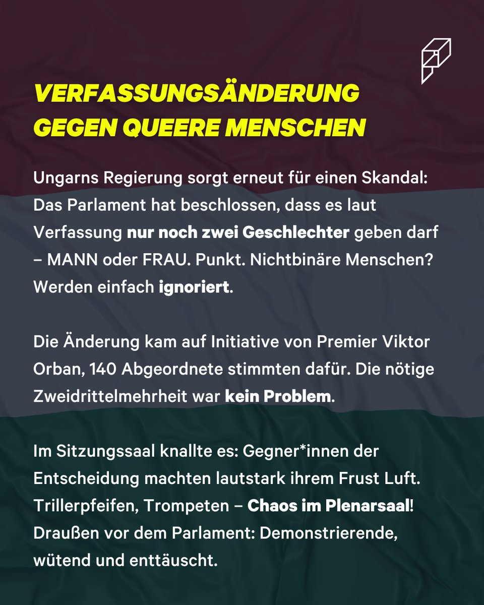 PRIDR_'s tweet photo. Was kommt als Nächstes? Das fragen sich nicht nur Betroffene, sondern auch internationale Beobachter. Klar ist: Die ungarische Politik setzt auf knallharte Ausgrenzung – und das mitten in Europa! #ungarn #orban #trans #queer #lgbtiq https://t.co/WgTzUqmQ8Y