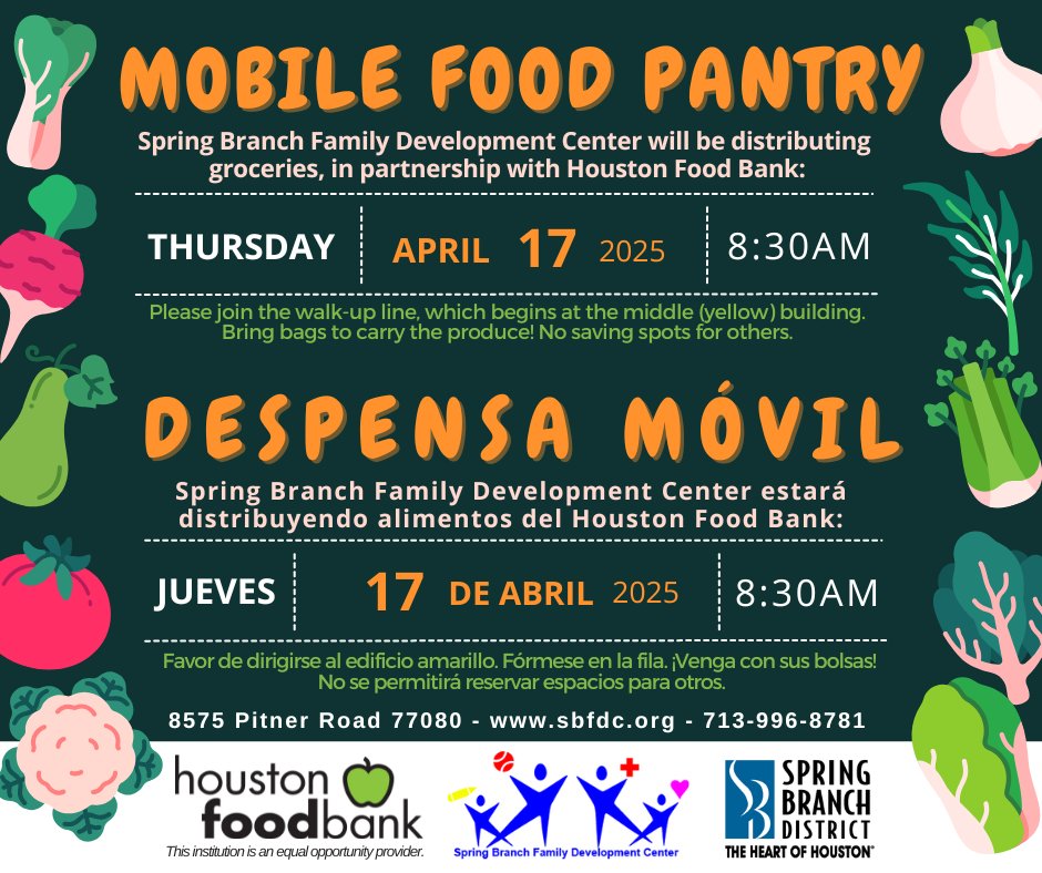SBFDC (@sbfdcenter) on Twitter photo Thursday, April 17 at 8:30AM: Food Distribution at <a href="/SBFDCenter/">SBFDC</a> with <a href="/HoustonFoodBank/">Houston Food Bank</a>
El Jueves 17 de Abril a las 8:30AM: Despensa de Comida en #SBFDCenter conHouston Food Bank
Thank you for helping alleviate food insecurity, <a href="/SpringBranchMD/">Spring Branch, HOU</a> ! Thursday, April 17 at 8:30AM: Food Distribution at <a href="/SBFDCenter/">SBFDC</a> with <a href="/HoustonFoodBank/">Houston Food Bank</a>
El Jueves 17 de Abril a las 8:30AM: Despensa de Comida en #SBFDCenter conHouston Food Bank
Thank you for helping alleviate food insecurity, <a href="/SpringBranchMD/">Spring Branch, HOU</a> !