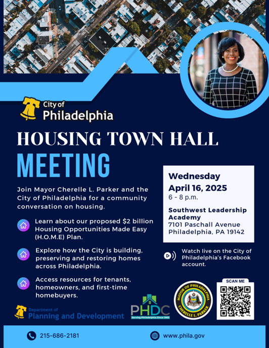PHL's Department of Planning & Development (@phlplandevelop) on Twitter photo Join <a href="/PhillyMayor/">Mayor Cherelle L. Parker</a> and <a href="/PhiladelphiaGov/">City of Philadelphia</a> for a community conversation on housing!
Wednesday, April 16, 2025
6 to 8pm
Southwest Leadership Academy
7101 Paschall Avenue, 19142
You can also watch live on the City's Facebook account.
phila.gov/2025-03-25-fy2… Join <a href="/PhillyMayor/">Mayor Cherelle L. Parker</a> and <a href="/PhiladelphiaGov/">City of Philadelphia</a> for a community conversation on housing!
Wednesday, April 16, 2025
6 to 8pm
Southwest Leadership Academy
7101 Paschall Avenue, 19142
You can also watch live on the City's Facebook account.
phila.gov/2025-03-25-fy2…