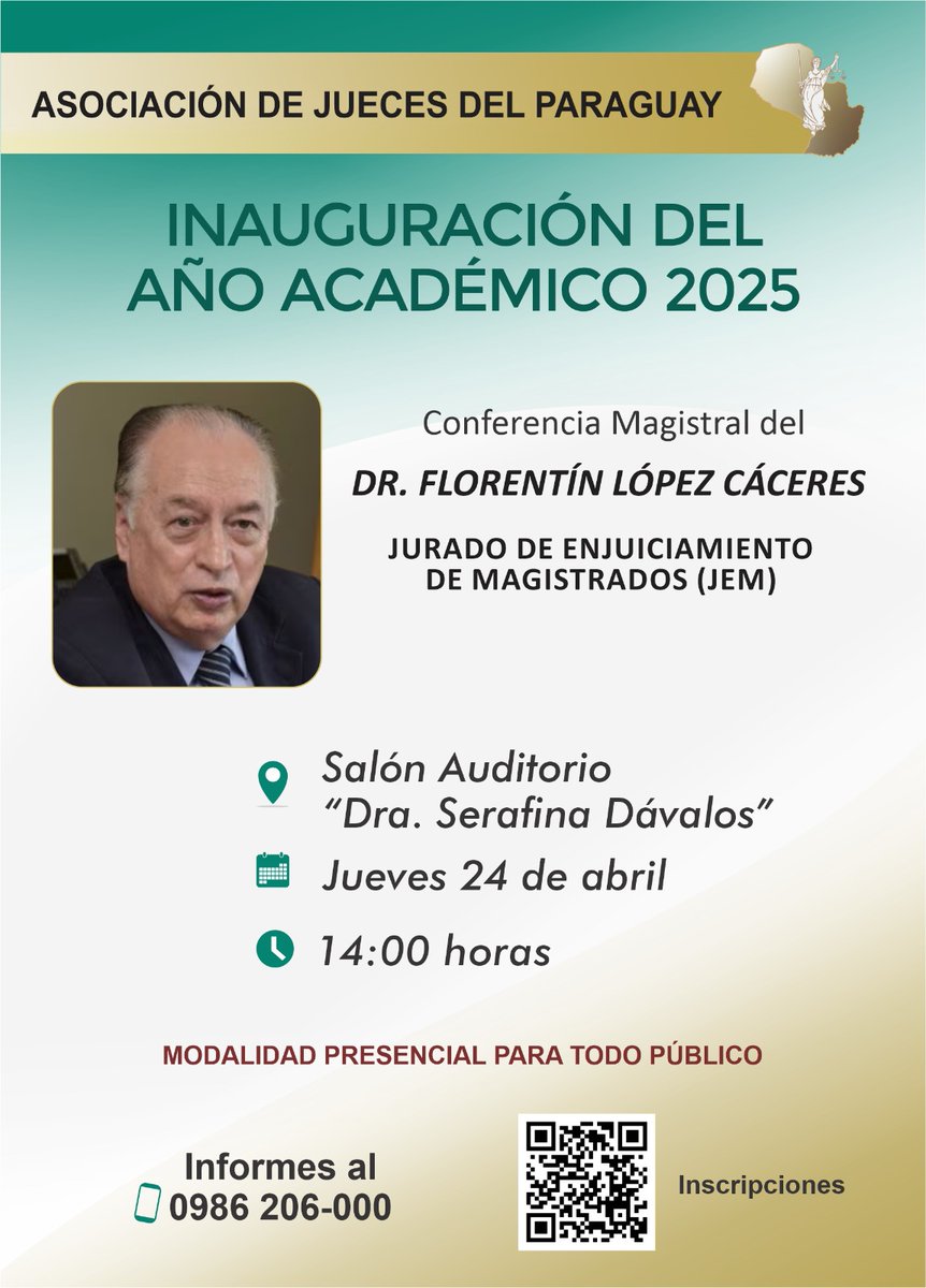 #AJP | Invitación abierta para todos los interesados/as ✋

🗣️La inauguración del año académico de la #AJP se dará con la Conferencia Magistral del Dr. Florentín López Cáceres, quien hablará del #JEM 

🗓️Jueves 24 de abril, 14 horas en el PJ. Entrada libre.