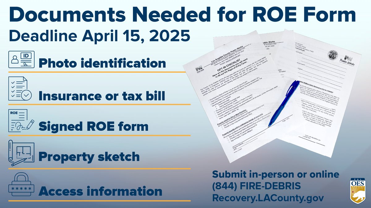 📢 If your property was impacted by recent Eaton and Palisades fires, you may qualify for no-cost debris removal. Submit your Right of Entry (ROE) form by April 15.

✅ See what documents you need:
 🔗  wp.me/pd8T7h-11HP
 📞 Call (844) FIRE-DEBRIS