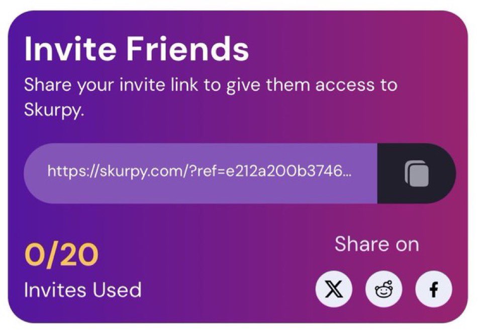 Help grow Skurpy now!
You have 20 invites—share your link with friends, artists &amp; collectors:
skurpy.com/invite

No matter which blockchain they’re on, anyone can share their art or NFTs. Earn 10% of the points your invites mine.

Let’s build the future of Crypto and NFTs!