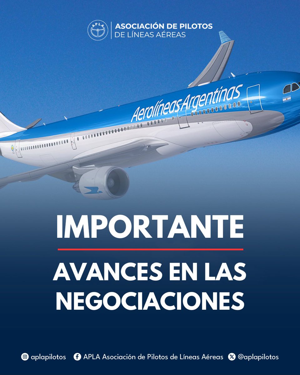 aplapilotos's tweet photo. ‼️ 𝗔𝘃𝗮𝗻𝗰𝗲𝘀 𝗲𝗻 𝗹𝗮𝘀 𝗡𝗲𝗴𝗼𝗰𝗶𝗮𝗰𝗶𝗼𝗻𝗲𝘀 ‼️

Queremos informar que en la reunión mantenida hoy con Aerolíneas Argentinas hemos logrado destrabar varios temas pendientes.

En este sentido, hemos llegado a un acuerdo en algunos puntos clave y continuaremos trabajando en otros asuntos que aún están en discusión.

Por lo tanto, 𝗾𝘂𝗲𝗱𝗮 𝘀𝘂𝘀𝗽𝗲𝗻𝗱𝗶𝗱𝗮 𝗹𝗮 𝗺𝗲𝗱𝗶𝗱𝗮 𝗱𝗲 𝗳𝘂𝗲𝗿𝘇𝗮 𝗽𝗿𝗲𝘃𝗶𝘀𝘁𝗮 𝗽𝗮𝗿𝗮 𝗲𝗹 𝗺𝗶𝗲́𝗿𝗰𝗼𝗹𝗲𝘀 𝟭𝟲 𝗱𝗲 𝗮𝗯𝗿𝗶𝗹, reflejando así nuestra disposición al diálogo.

La próxima semana, reanudaremos las negociaciones paritarias, teniendo en cuenta los recientes cambios económicos en el país que han impactado de manera significativa en los índices de inflación y afectan de forma directa a nuestros ingresos.