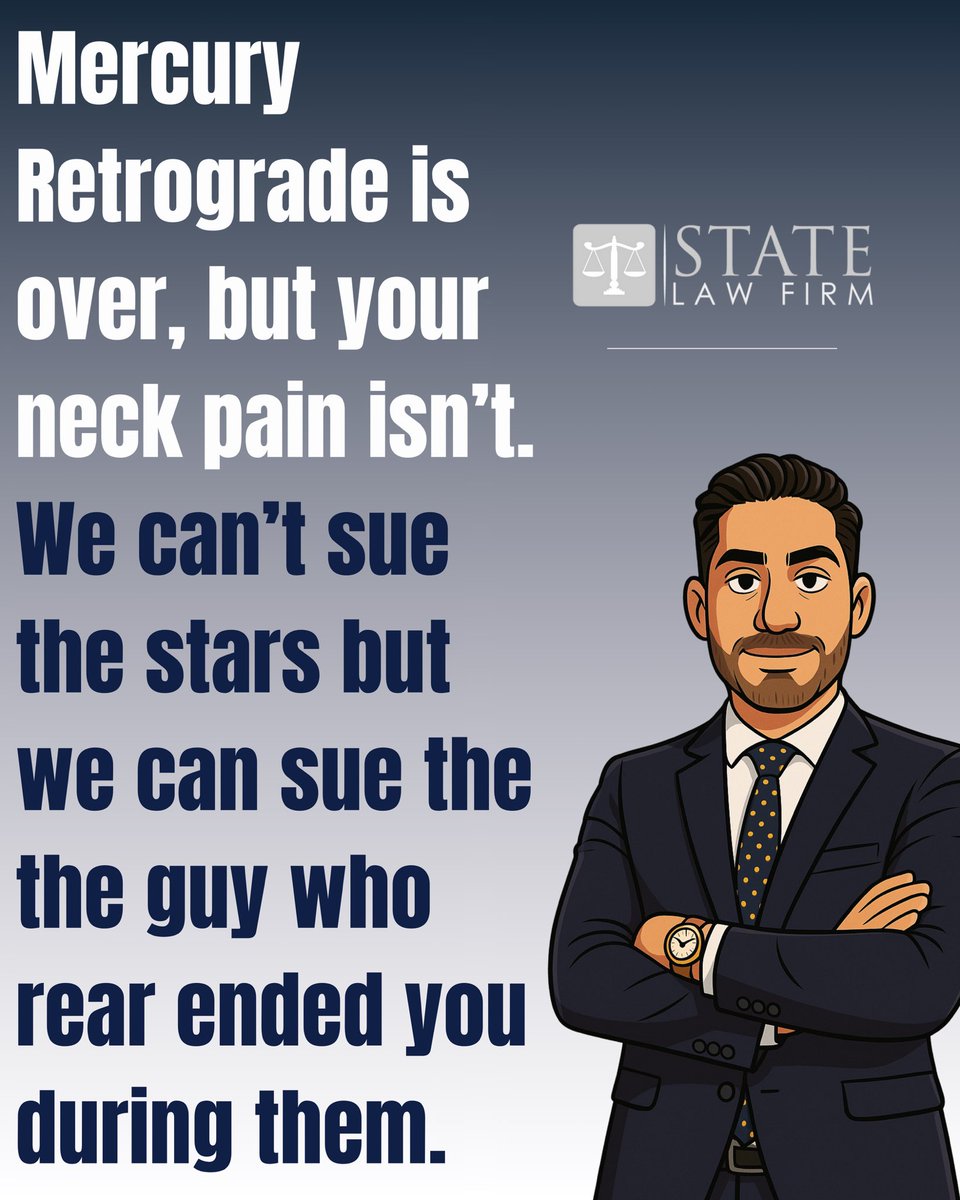 statelawfirm's tweet photo. Mercury’s chill now. Your neck isn’t. Let’s sue. 

📞818-477-0773
📍 15490 Ventura Blvd #205, Sherman Oaks, CA, 91403
💻 https://t.co/K5B8pqhSdY

#meme #funny #mercuryretrograde #personalinjurylaw #attorneyeddie https://t.co/dLplcSjMbm