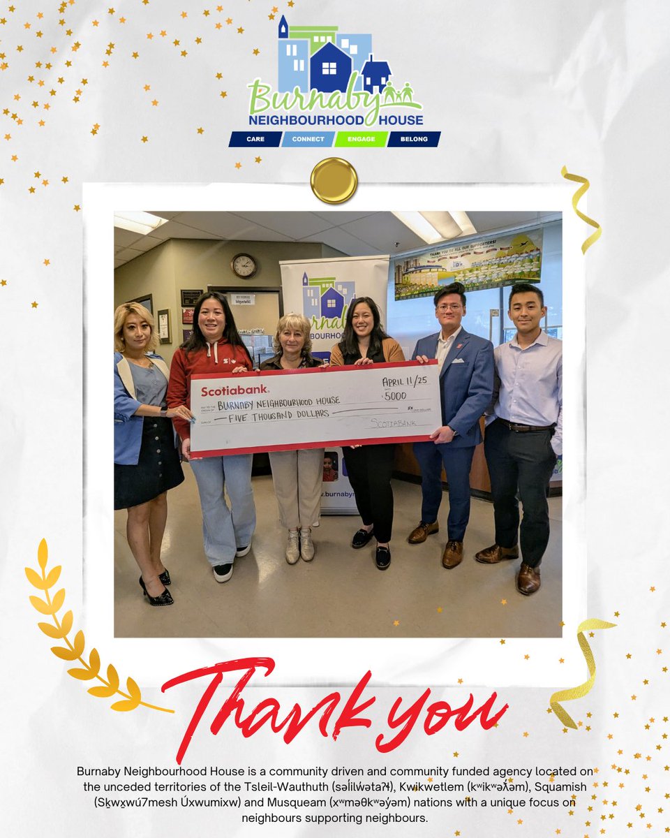 BNH South House (@sburnabynh) on Twitter photo We’re so grateful for <a href="/scotiabank/">Scotiabank</a>'s continued support of Burnaby Neighbourhood House. 🤝 With their generosity, we’re able to offer free and low-cost programs that strengthen and support our community every day. 🏡✨ We’re so grateful for <a href="/scotiabank/">Scotiabank</a>'s continued support of Burnaby Neighbourhood House. 🤝 With their generosity, we’re able to offer free and low-cost programs that strengthen and support our community every day. 🏡✨