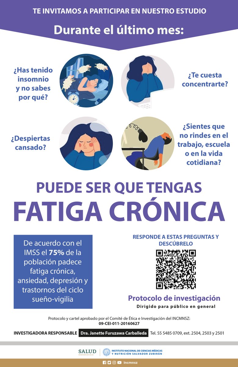 Te invitamos a un protocolo de investigación, puede ser que tengas Fatiga Crónica, responde estas preguntas y descúbrelo.
Ingresa al código QR
redcap.up.edu.mx/surveys/?s=NT8…
Protocolo y cartel aprobado por el Comité de Ética y de Investigación.