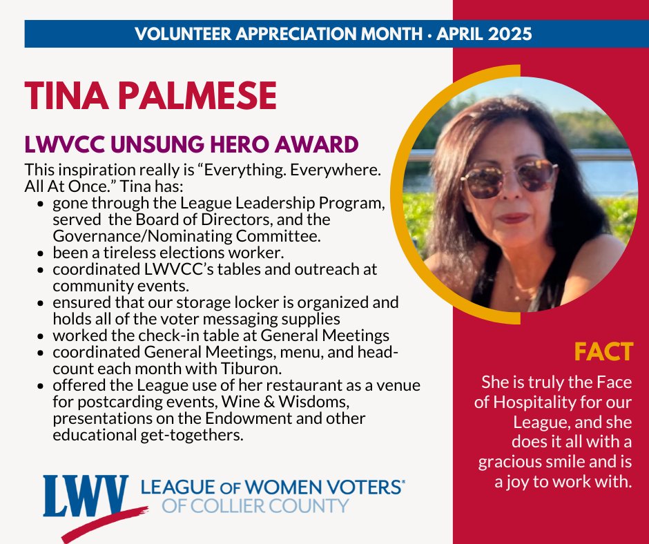 Please join us in celebrating LWVCC's Unsung Hero Award recipient presented at our Annual Meeting today, @tinapapapalmese 

We thank you for your time, dedication, and gracious smile!