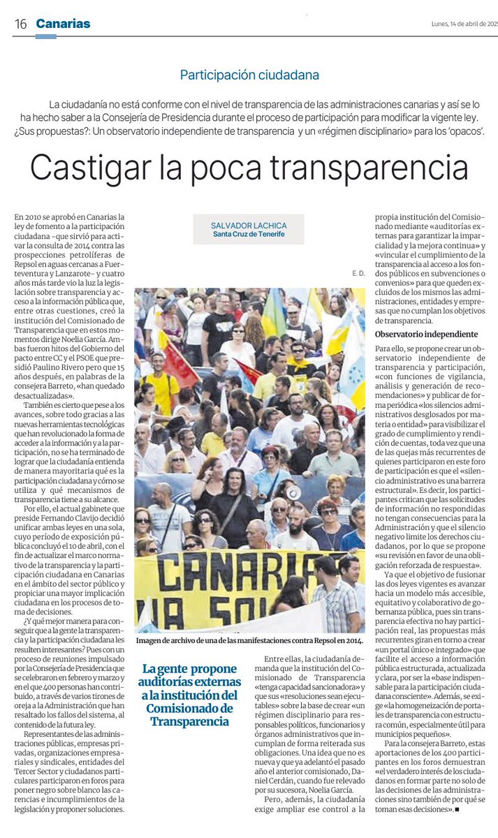 Informe participativo sobre  transparencia canaria, x <a href="/salvadorlachica/">Salvador Lachica</a>
Es cierto q en el <a href="/ComisionadoTC/">Transparencia Canarias</a> debimos someternos también a evaluación. Y que faltan penalizaciones en derecho de acceso.

En portales de transparencia se está en vanguardia.
Un Observatorio sería redundante