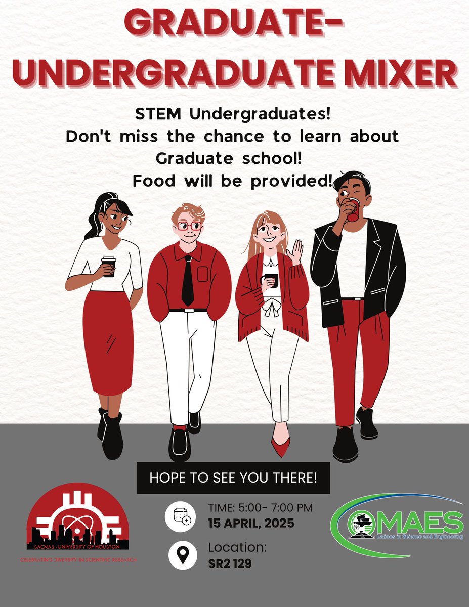 Considering grad school or already there? Join us April 15th from 5-7 pm for a Grad-Undergrad Mixer in partnership with UH MAES! We invite any STEM grads and undergrads to join us for **FREE TACOS** and chat about what being a grad student is like in a no-stress environment.