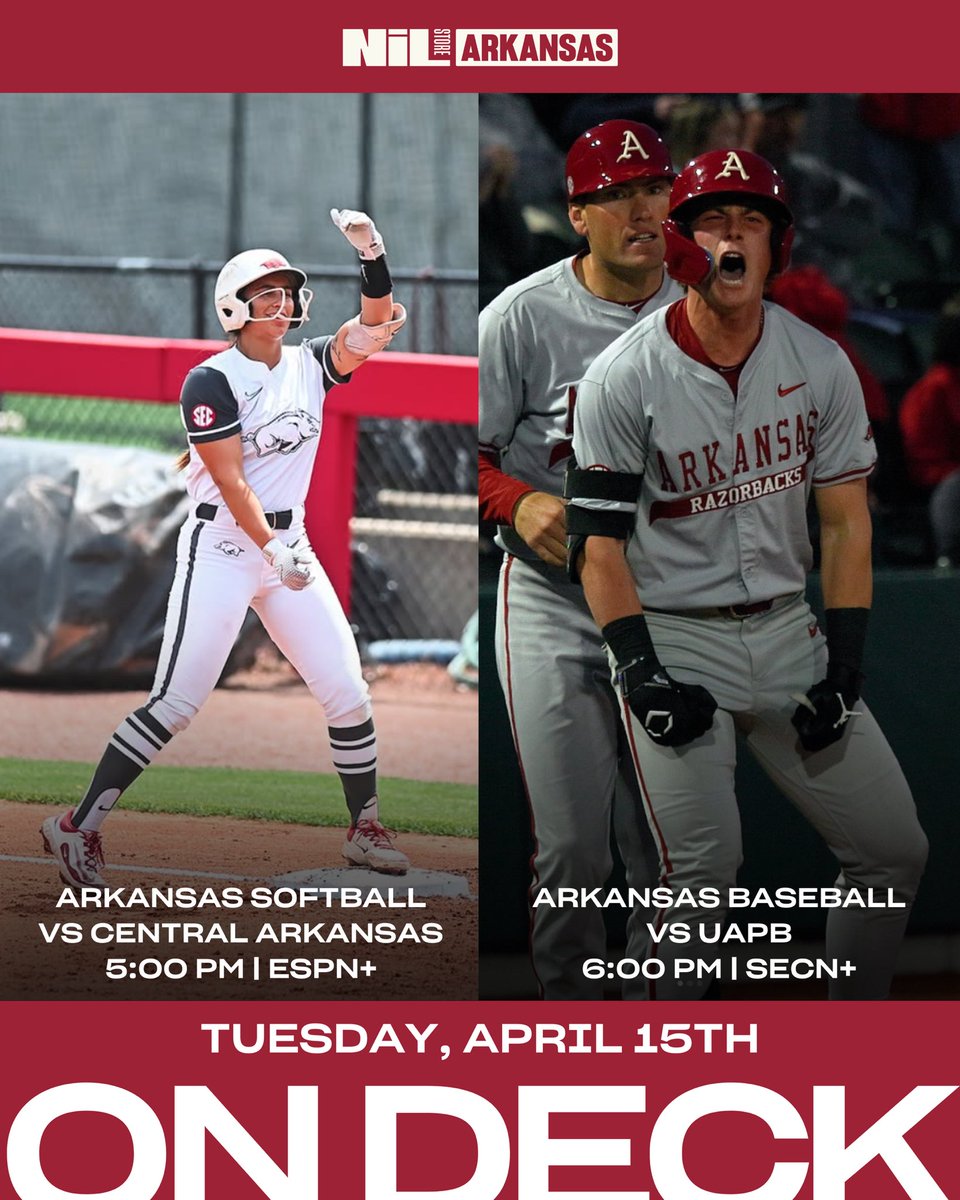 Arkansas NIL Store (@arkansasnil) on Twitter photo Midweek matchups are on deck for <a href="/RazorbackSB/">Arkansas Softball</a> & <a href="/RazorbackBSB/">Arkansas Baseball</a>! π
Shop: arkansas.nil.store Midweek matchups are on deck for <a href="/RazorbackSB/">Arkansas Softball</a> & <a href="/RazorbackBSB/">Arkansas Baseball</a>! π
Shop: arkansas.nil.store
