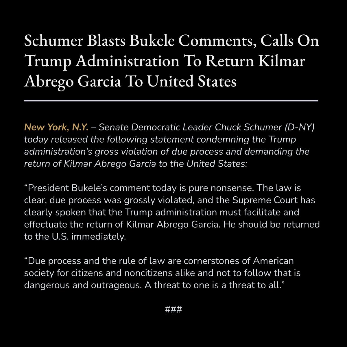 SenSchumer's tweet image. A threat to one is a threat to all.
My statement on Trump’s outrageous attack on due process and the rule of law: