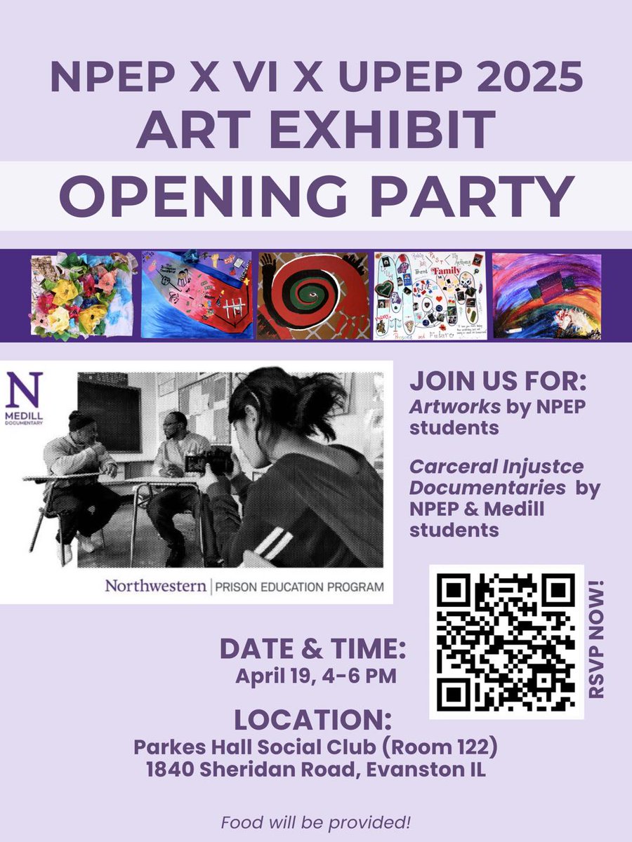 Brent E. Huffman (@brent_huffman) on Twitter photo This Friday! An awesome event highlighting the incredible art created by incarcerated students.
AND the #documentaries created in my Documenting #Carceral Injustice class will show 4-6PM.
Please come out!
Supported by <a href="/NUPrisonEd/">Northwestern Prison Education Program (NPEP)</a> <a href="/BuffettInst/">Northwestern Buffett Institute for Global Affairs</a> <a href="/Medill_Doc/">Medill Documentary Journalism</a> This Friday! An awesome event highlighting the incredible art created by incarcerated students.
AND the #documentaries created in my Documenting #Carceral Injustice class will show 4-6PM.
Please come out!
Supported by <a href="/NUPrisonEd/">Northwestern Prison Education Program (NPEP)</a> <a href="/BuffettInst/">Northwestern Buffett Institute for Global Affairs</a> <a href="/Medill_Doc/">Medill Documentary Journalism</a>