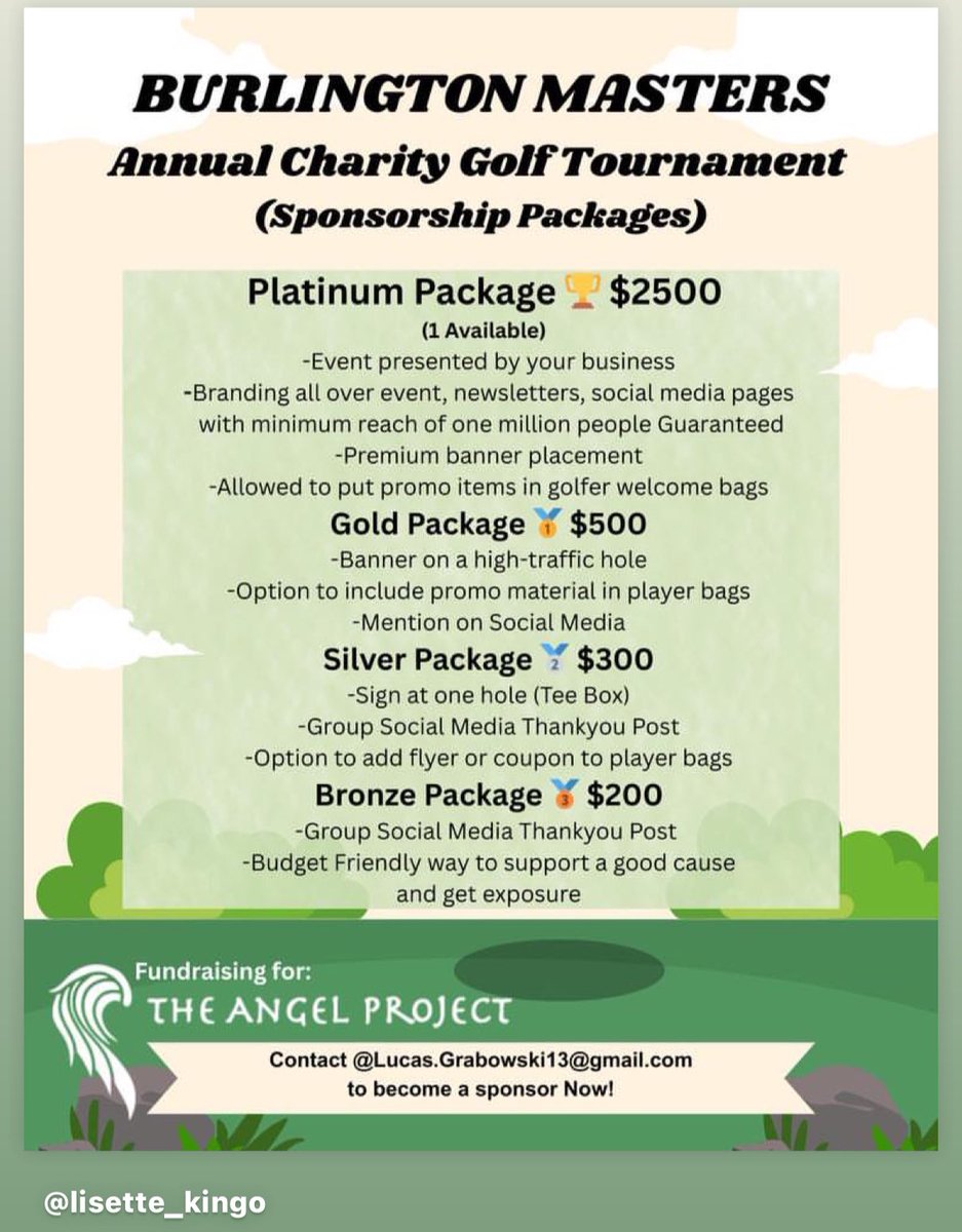 The Angel Project (@theangelprojec1) on Twitter photo Sponsor a hole $500 - we need your help our young Angels in skates have graduated. Studying marketing and ready to give back. They are organizing this golf tournament - July 12 so save the date but please help them make this a success. They are donating every penny to  patients. Sponsor a hole $500 - we need your help our young Angels in skates have graduated. Studying marketing and ready to give back. They are organizing this golf tournament - July 12 so save the date but please help them make this a success. They are donating every penny to  patients.
