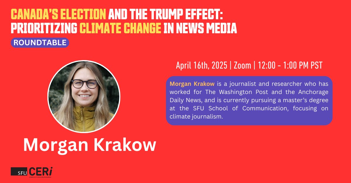 SFU_CERi's tweet image. LESS THAN 2 DAYS LEFT TO REGISTER! Join us on April 16 for a virtual roundtable on how U.S. political spectacle sidelines climate in Canada’s election coverage. Hear from out speakers - Kamyar Razavi, Morgan Krakow, Rachel Doran. Don’t miss it! Register: sfu.ca/ceri/events/co…