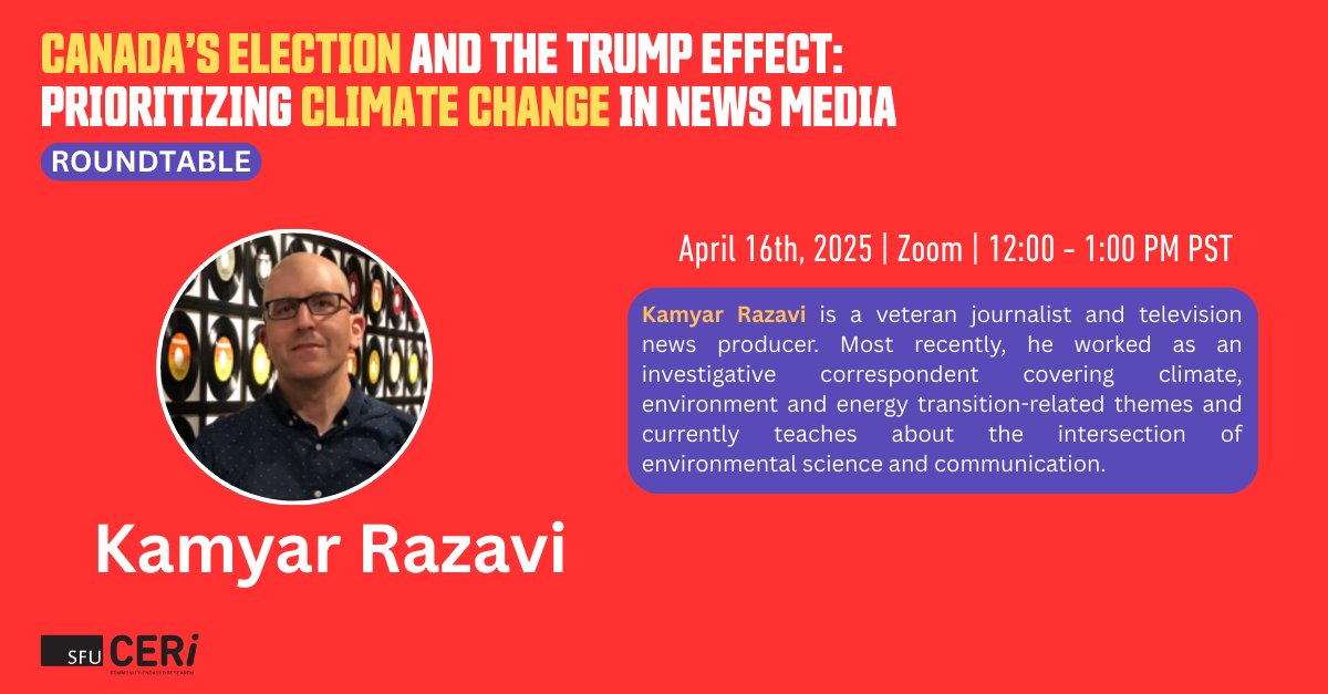 SFU_CERi's tweet image. LESS THAN 2 DAYS LEFT TO REGISTER! Join us on April 16 for a virtual roundtable on how U.S. political spectacle sidelines climate in Canada’s election coverage. Hear from out speakers - Kamyar Razavi, Morgan Krakow, Rachel Doran. Don’t miss it! Register: sfu.ca/ceri/events/co…