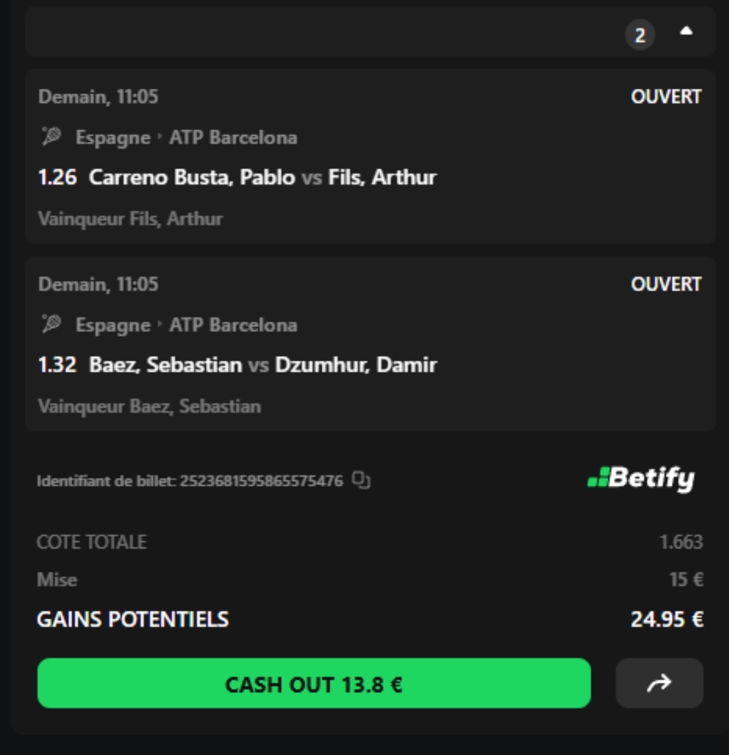 BlazboxProno's tweet photo. Montante spécial 1.50 🧗🏽‍♂️

Palier 1 🪄

Fils + Baez 🎾

Départ 15€ objectif 500€ 🚂

20€ parmi les likes + RT ♥️ #TeamParieur https://t.co/ugD2Pi5KWN