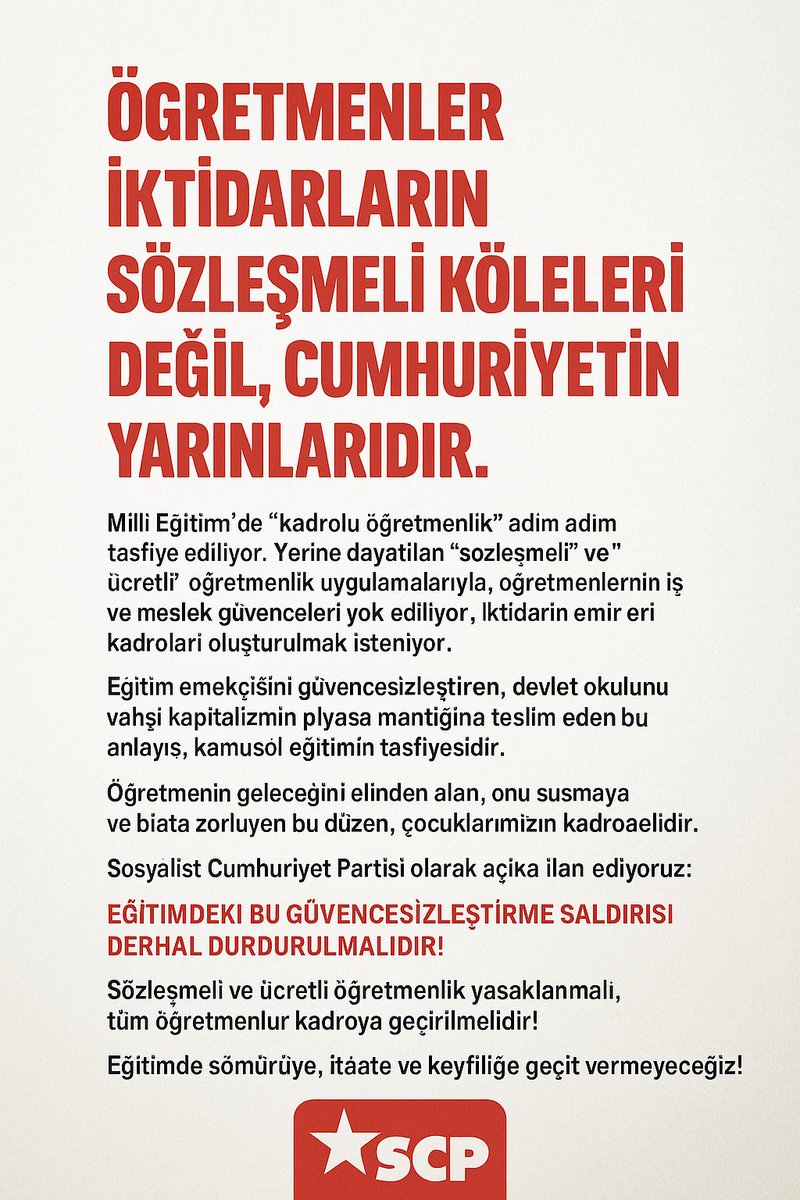 ÖĞRETMENLER İKTİDARLARIN SÖZLEŞMELİ KÖLELERİ DEĞİL CUMHURİYETİN YARINLARIDIR

Sözleşmeli ve ücretli öğretmenlik, güvencesizliğin adıdır.
Öğretmen biat etmez, aydınlatır.
Kamusal eğitim tasfiye edilemez!
Her öğretmene kadro!
Eğitimde sömürüye geçit yok!