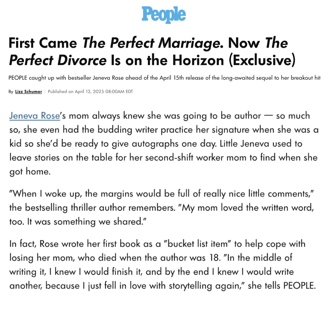 BlackstoneAudio's tweet photo. INTERVIEW ALERT! Ahead of #THEPERFECTDIVORCE's pubday, @PEOPLE catches up with @JenevaRoseBooks to discuss the long-awaited sequel to her breakout hit, #ThePerfectMarriage!💔🗣️
📲Read: https://t.co/UmcMvAOF95
📙BUY: https://t.co/4nFvkuZY8g
📣Tour Tix: https://t.co/g4Sft2ObmK https://t.co/swqn2GzxR5