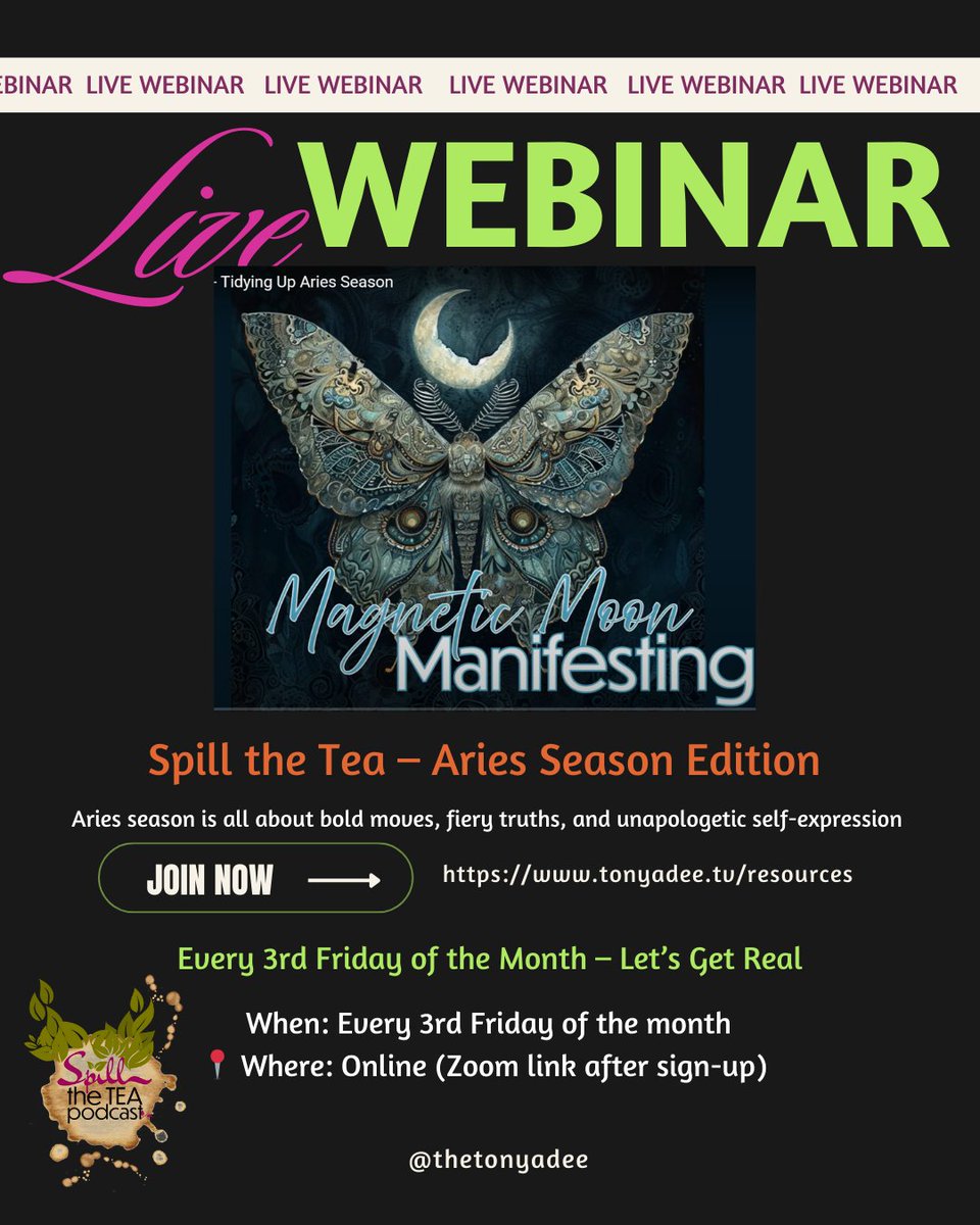 thetonyadee's tweet photo. Spill the Tea – Aries Season 
Every 3rd Friday of the Month – Let’s Get Real

👉 Save your spot for this month’s circle: https://t.co/75dF2uWs2T

Spill the Tea – a LIVE soul circle for truth-telling &amp; transformation.
#Ariesseason
#SpillTheTea
#SoulCircle
#EnergeticAlignment https://t.co/ZWMbfMDLCM