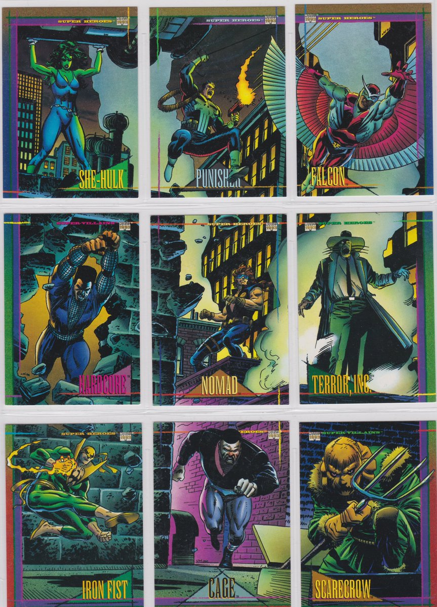 AustinGorton's tweet photo. Lee Weeks with the full Marvel Universe Series 4 "Street Heroes" page! Good use both of the vertical & horizontal space, but also the depth as well.
#TradingCardADay #MU4 #StreetHeroes #LeeWeeks #SheHulk #Punisher #Falcon #Nomad #Hardcore #TerrorInc #IronFist #Cage #Scarecrow https://t.co/Au9mbeUWoY