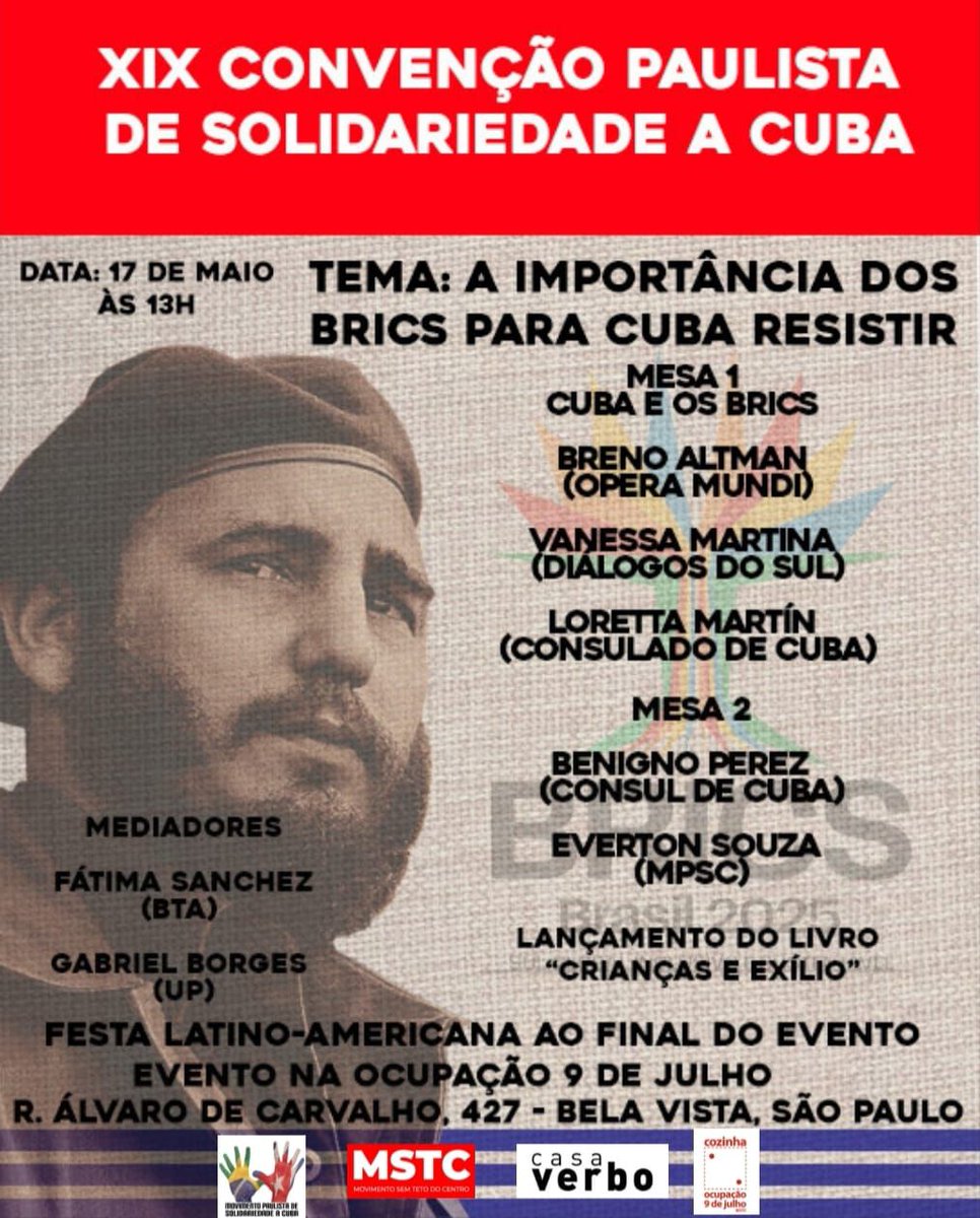Viva Cuba Socialista! 🇨🇺🇧🇷
🚩Convenção de Solidaridade a Cuba - São Paulo.
🗓️17 de maio | 13 horas.
⌚️Reposte para alcançar mais pessoas.