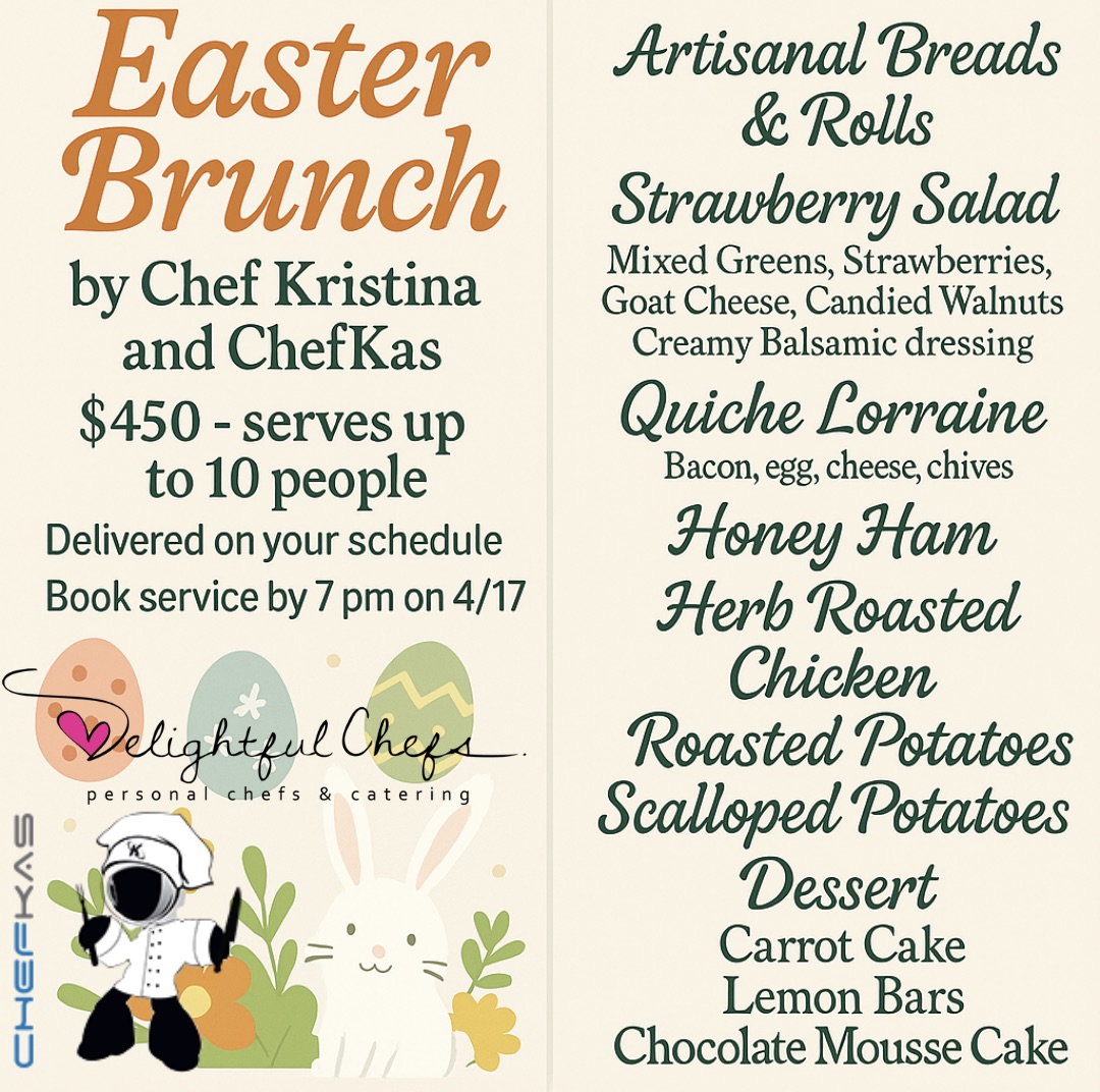 KasFitLife's tweet photo. 🐣 Easter Brunch by ChefKas delivered to your door! $450 (serves 10) – smaller options from $250. Herb chicken, ham, quiche, sides &amp; sweets! 🐰
📦 Delivery: 4/20 | ⏳ Order by: 4/17
📲 Book now: https://t.co/W5awgQV4Oo https://t.co/MhdD7KqkNJ